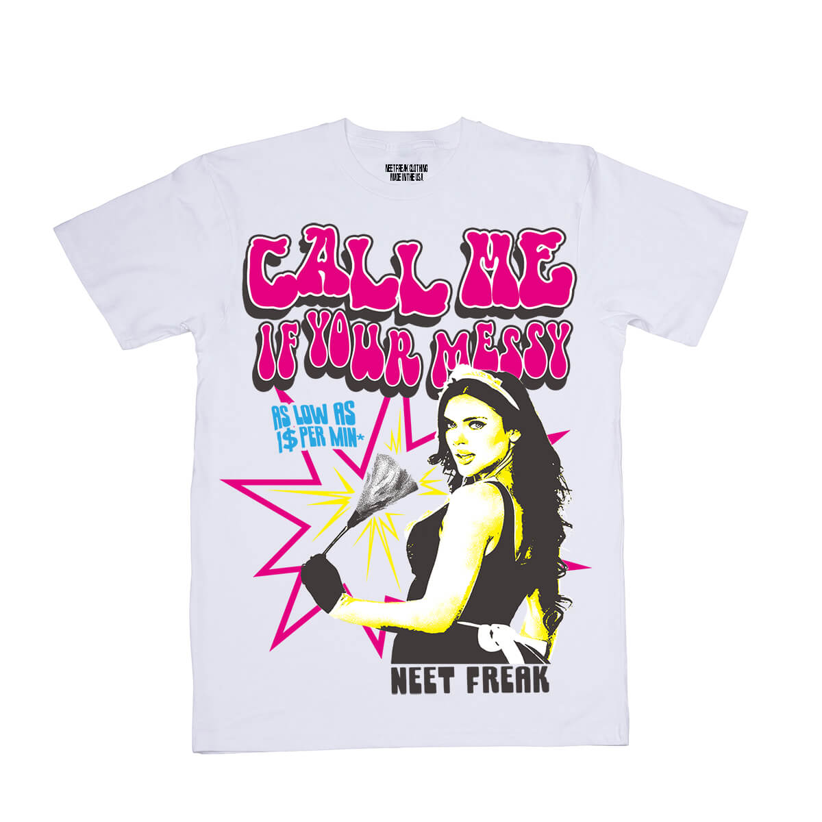 White premium cotton T-shirt featuring the 'Call Me' text graphic.