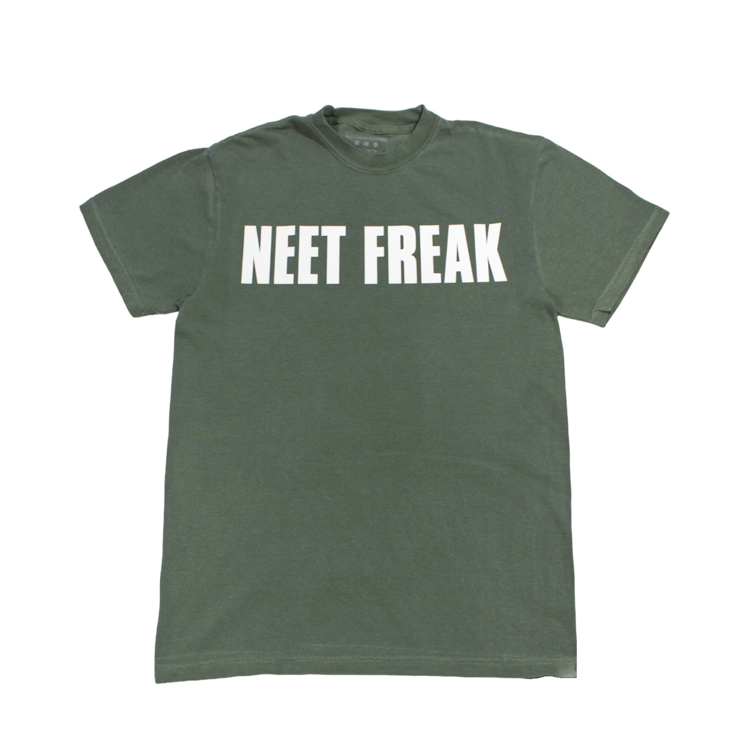 The Standard Neet Freak T-shirt in Green. Close-up of a premium, heavyweight 6.1 oz, 100% ring-spun cotton t-shirt with a soft, garment-dyed finish. The image emphasizes the rich color and soft texture of the fabric.