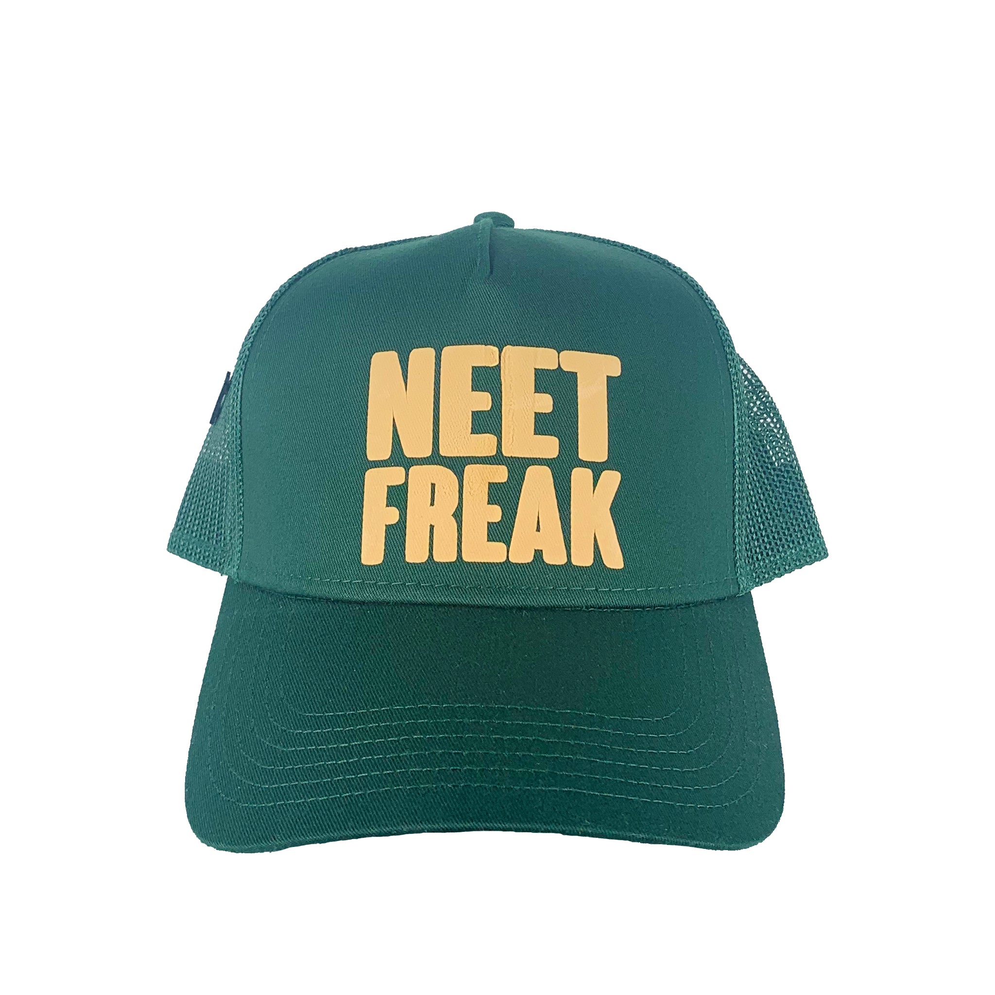 Dark Green/Tan mesh trucker hat. 