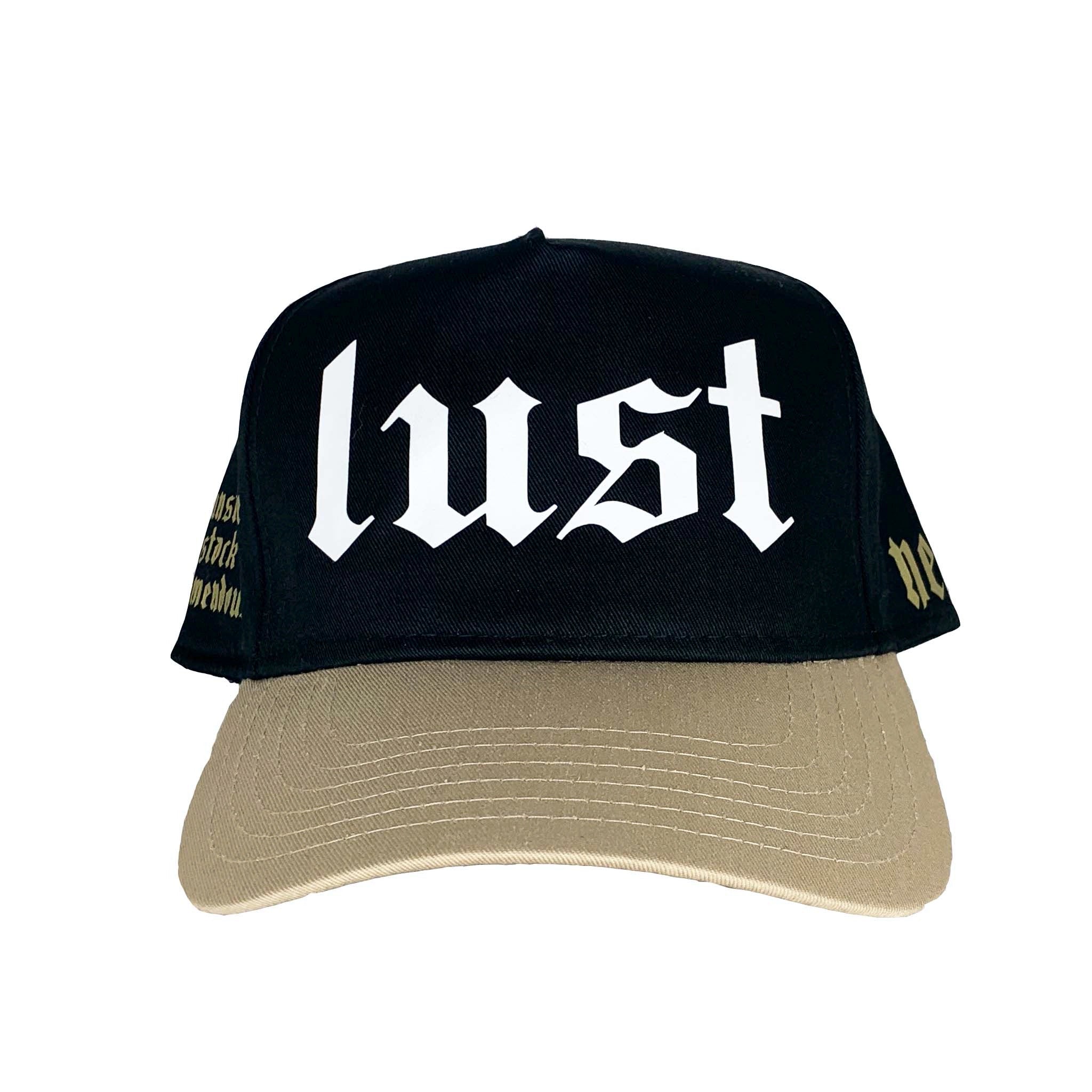 Black & tan lust trucker hat.