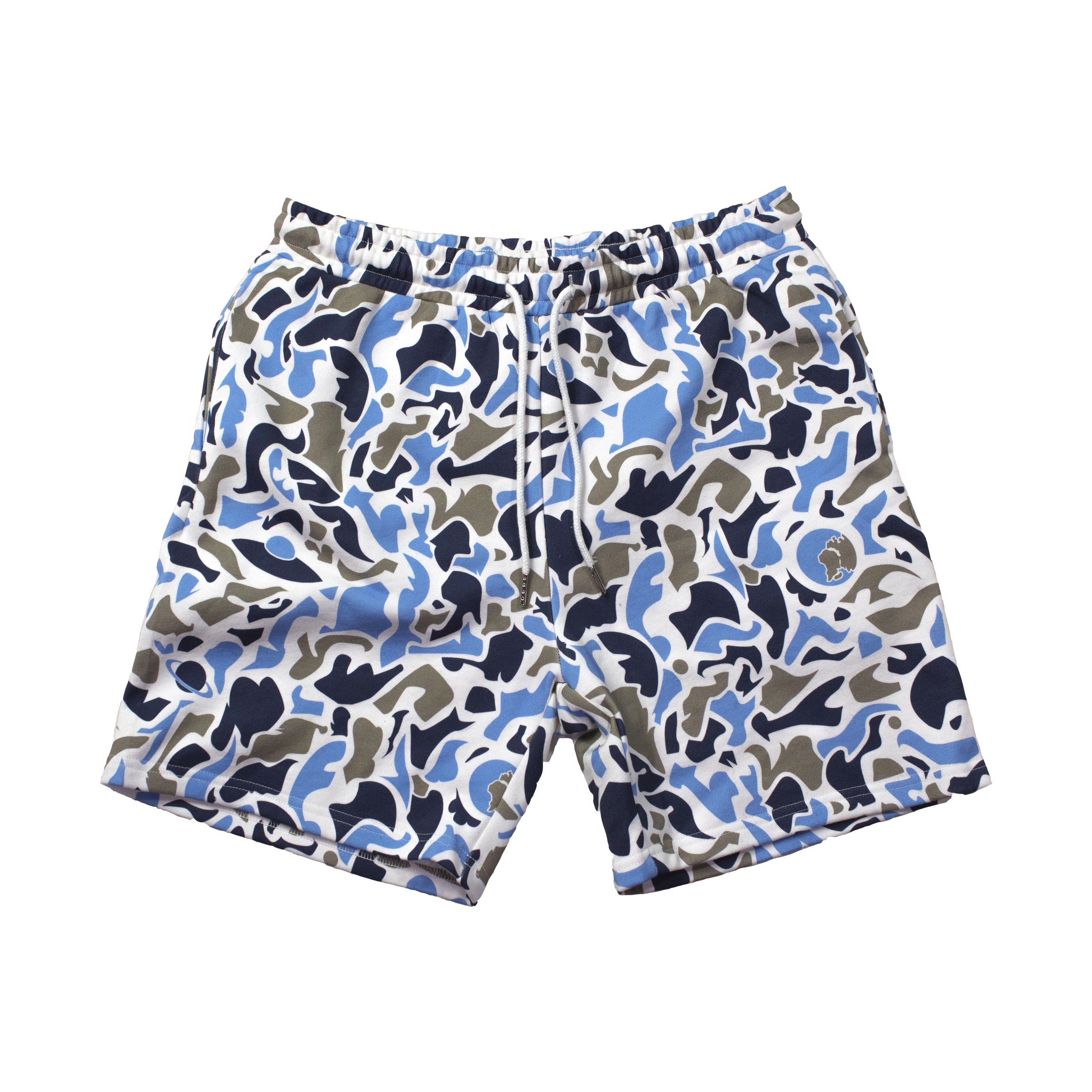 Relaxed fit camouflage shorts made from 100% cotton, featuring an adjustable elastic waist, deep side pockets, and metal-tipped drawstrings.