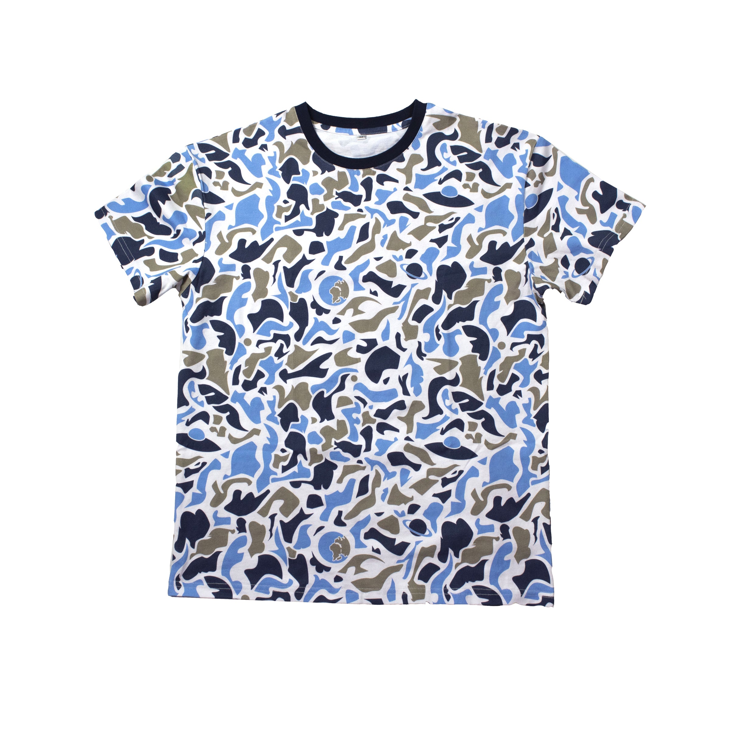 Short-sleeve T-shirt in a classic woodland camouflage pattern, made from 100% premium cotton, showing a true-to-size fit.