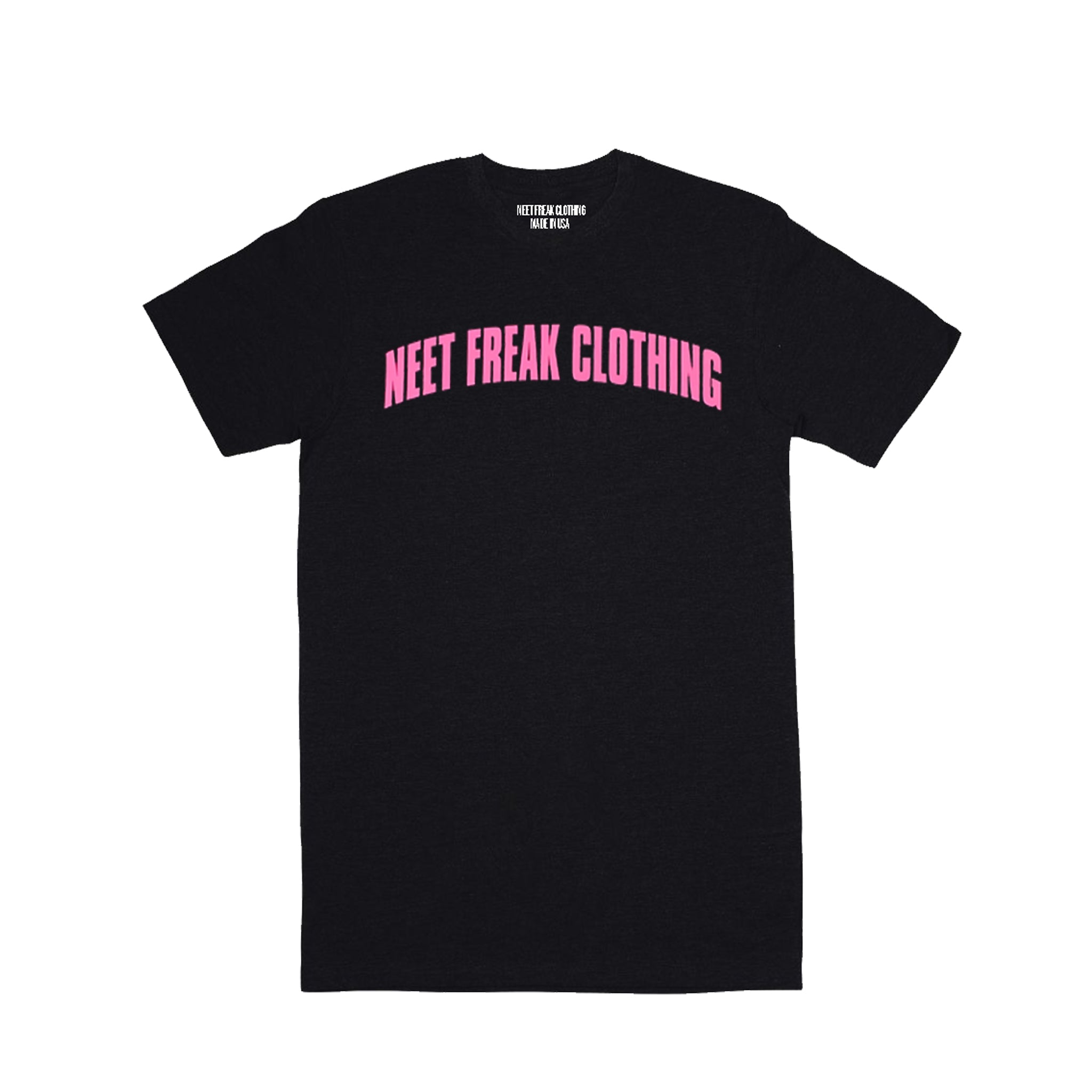 Black T-shirt featuring the "Neet Freak" logo text arched across the chest in a vibrant, high-quality Pink print.