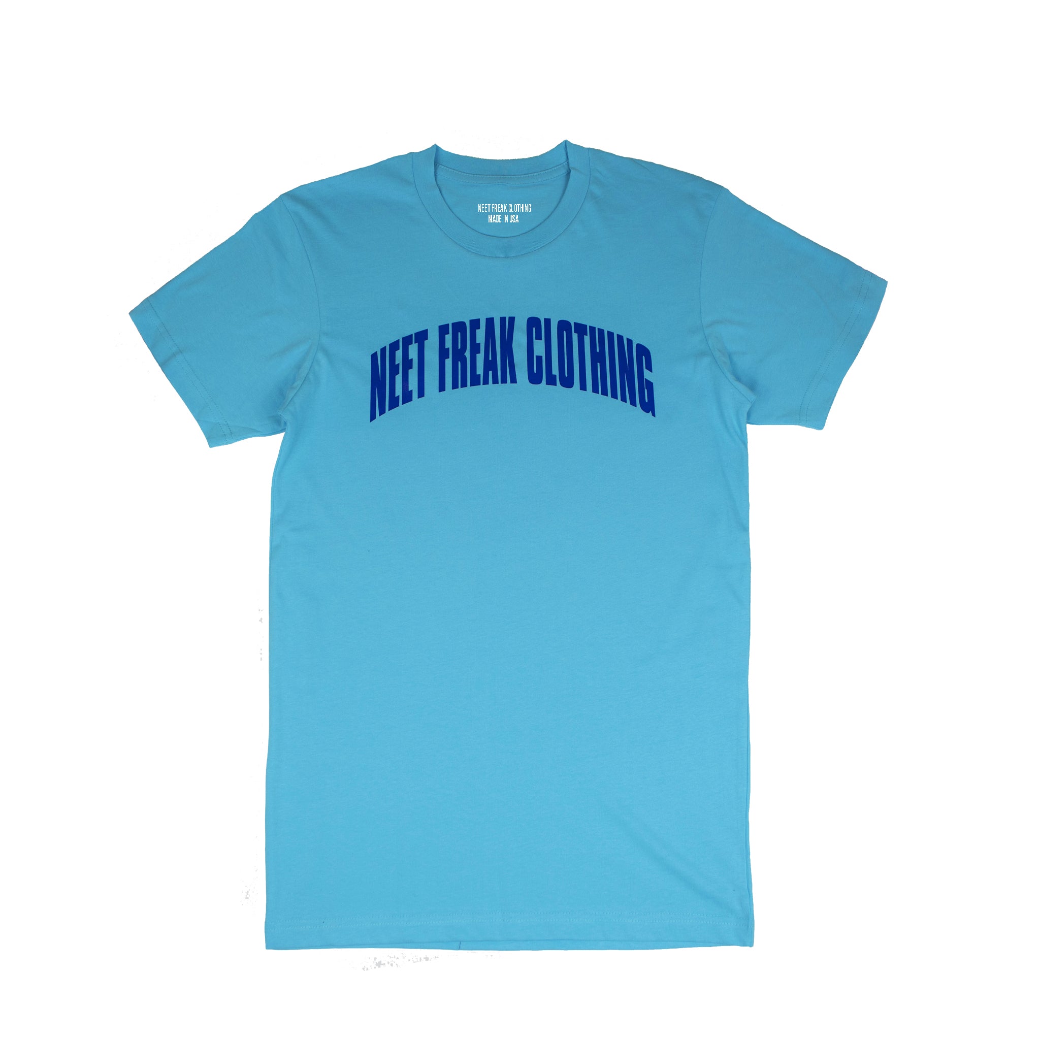 Pacific Blue T-shirt featuring the "Neet Freak" logo text arched across the chest in a vibrant, high-quality print.