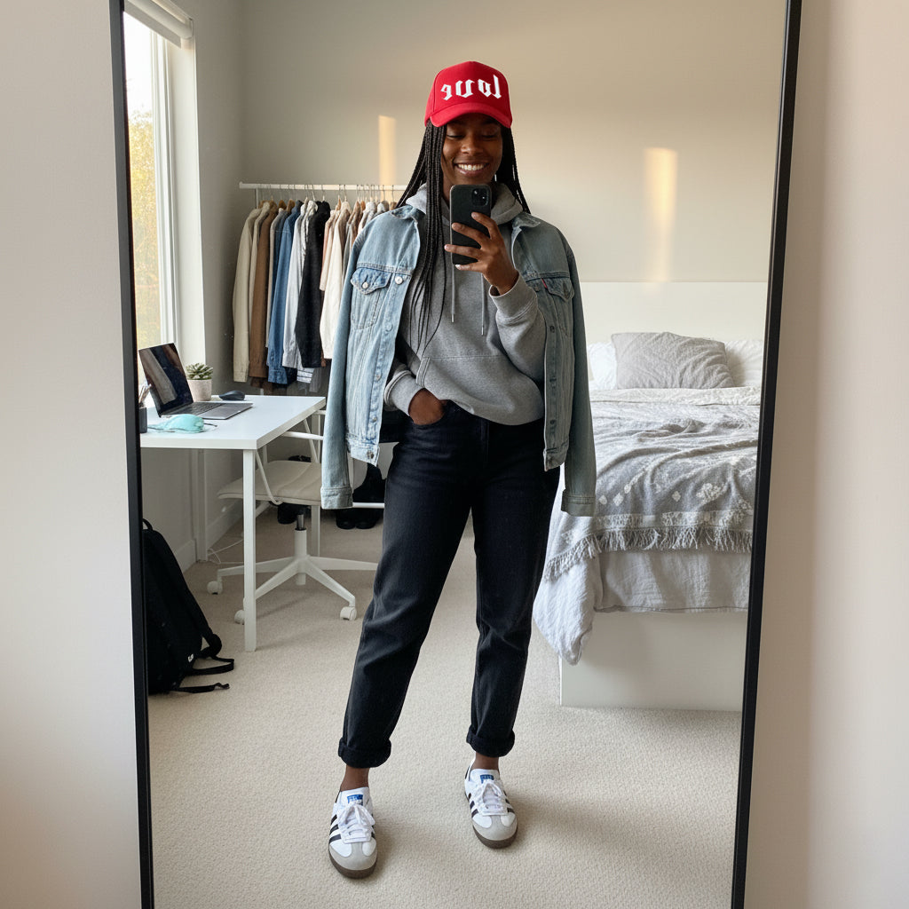Red trucker hat, layered denim jacket, black jeans, and Adidas Samba sneakers styled for a fall weekend.