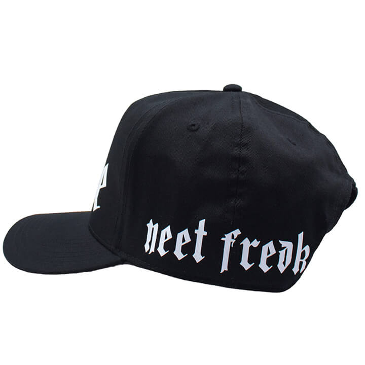 Left of Classic black premium trucker hat with bold white printed 'LOVE' logo on the front panel and mesh back.