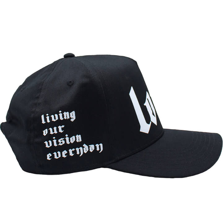 Right side of the Classic black premium trucker hat with bold white printed 'LOVE' logo on the front panel and mesh back.