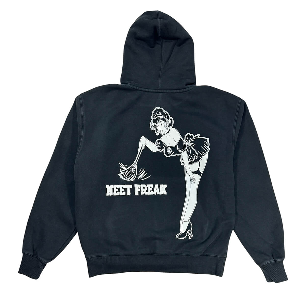Black vintage wash heavyweight hoodie with a large retro pin-up maid graphic on the back and a small "Neet Freak" broom logo on the chest.