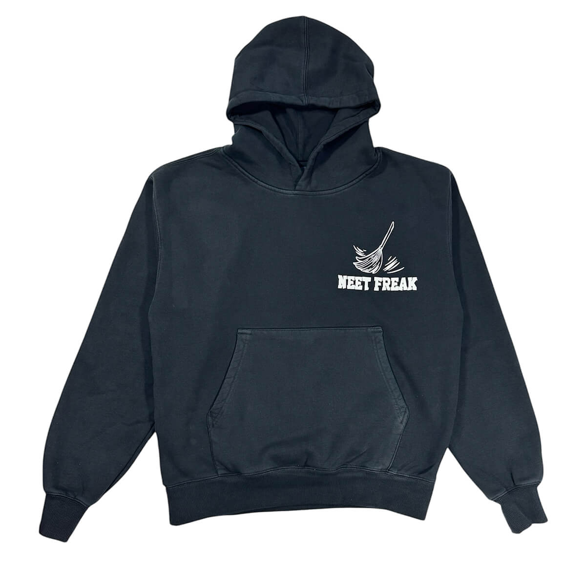 Black vintage wash heavyweight hoodie with a large retro pin-up maid graphic on the back and a small "Neet Freak" broom logo on the chest.