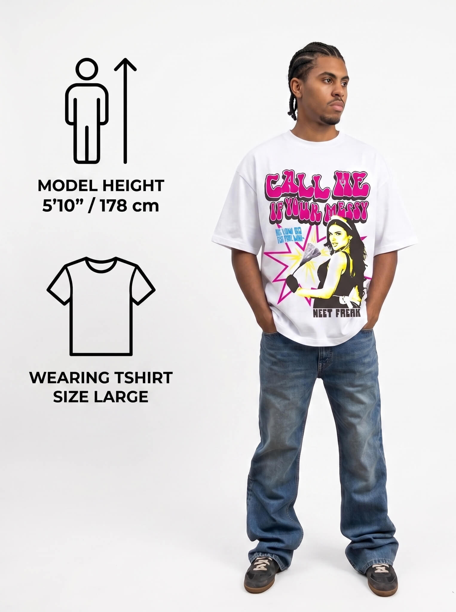 Man wearing a graphic t-shirt with text and a design, standing against a white background.