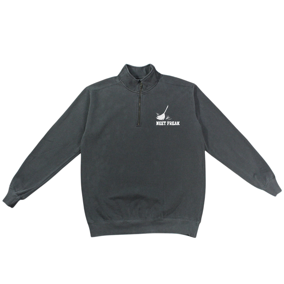 Dark gray quarter-zip sweatshirt with a logo on a white background