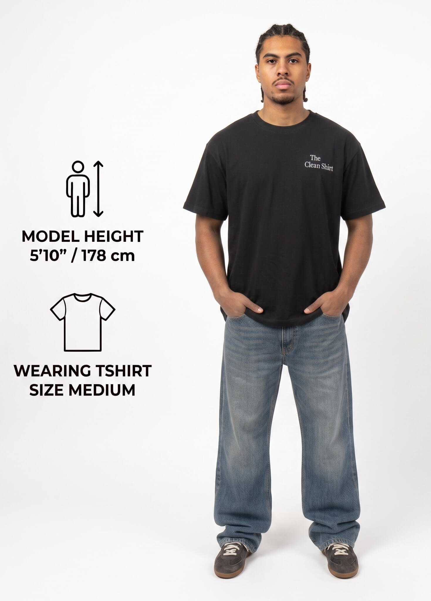 Man wearing a black t-shirt and blue jeans with height and size information on a white background