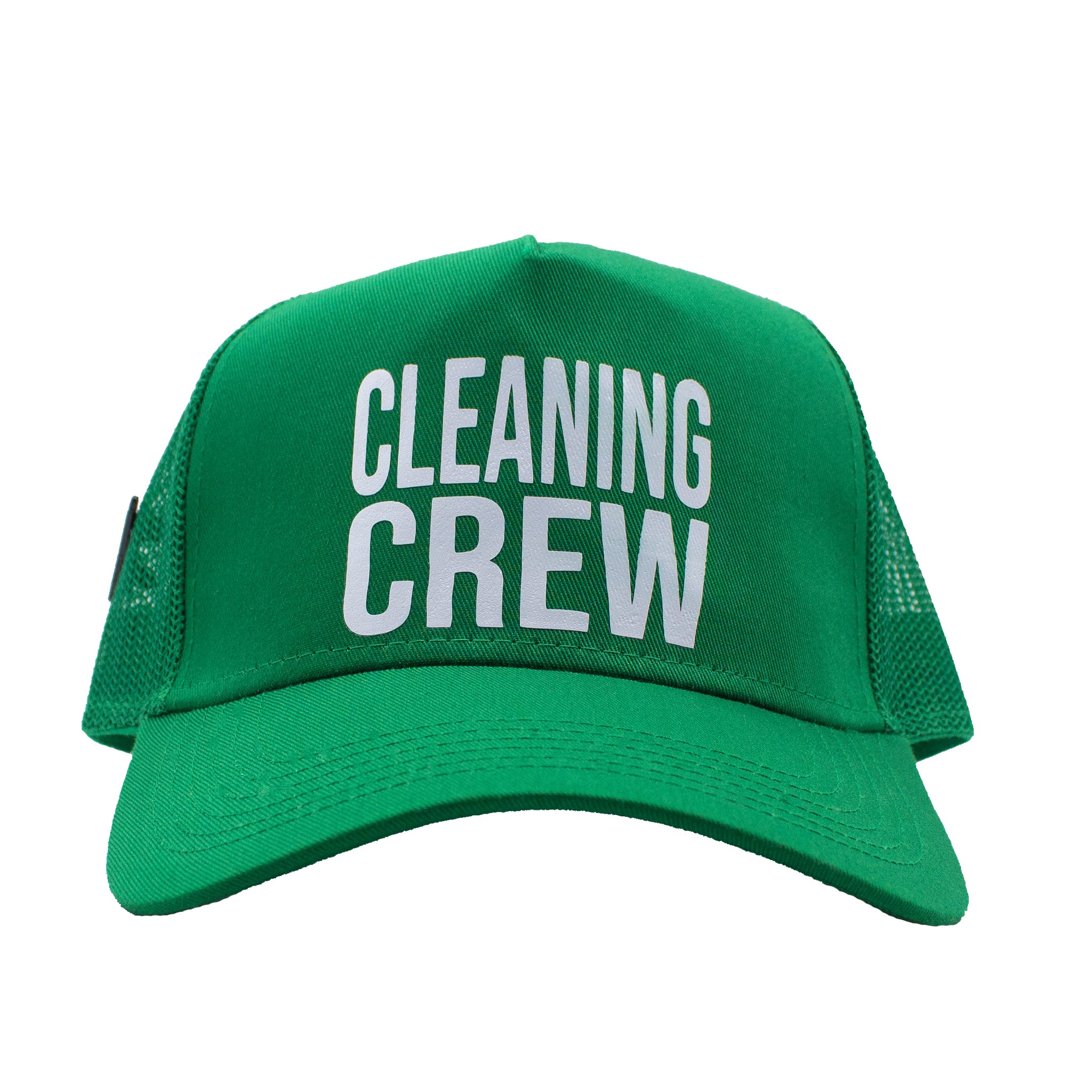 Kelly green Trucker hat with white text Front view