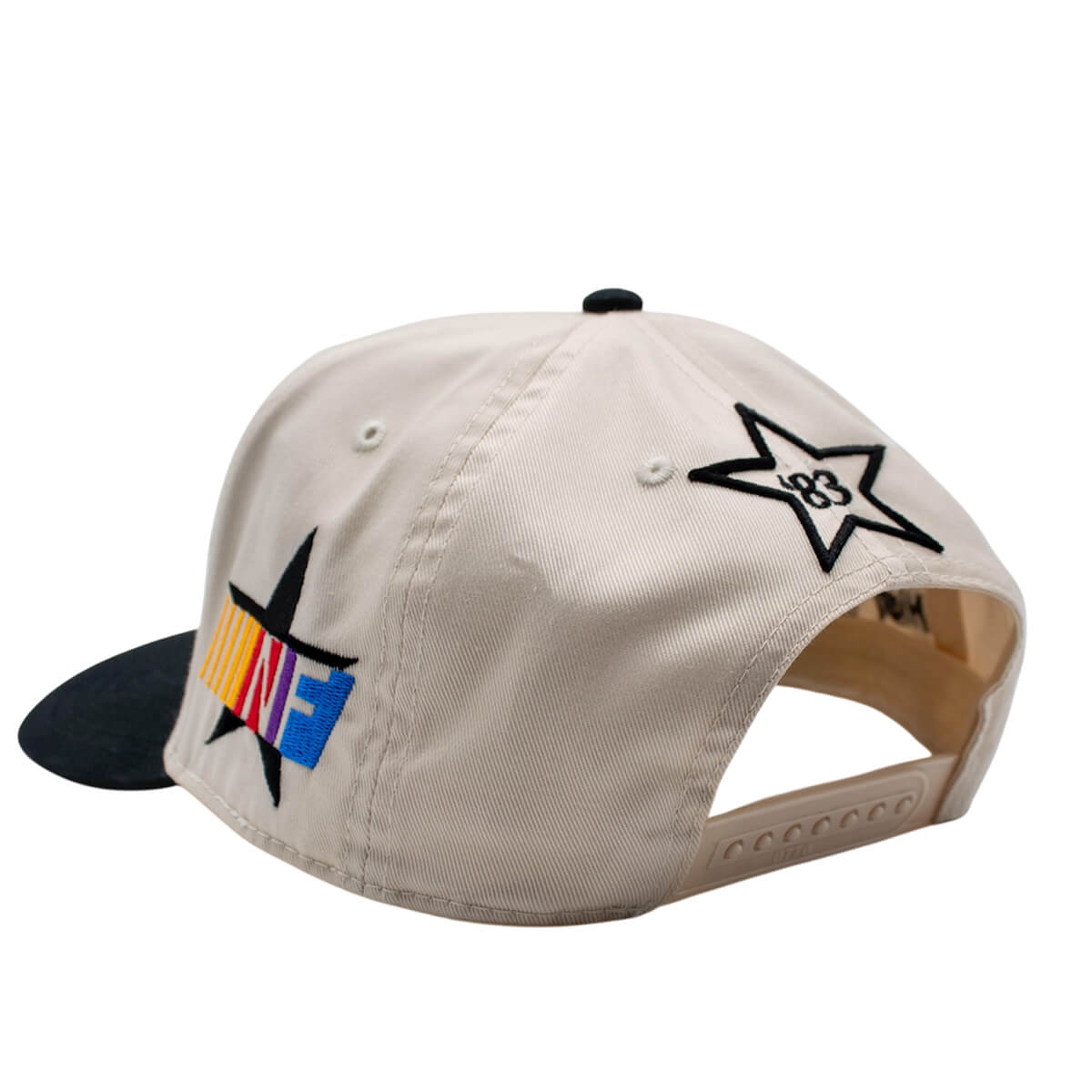 Beige cap with black star designs and text on a white background