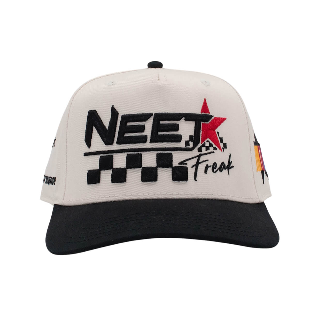 White cap with black and red text and graphics on a white background