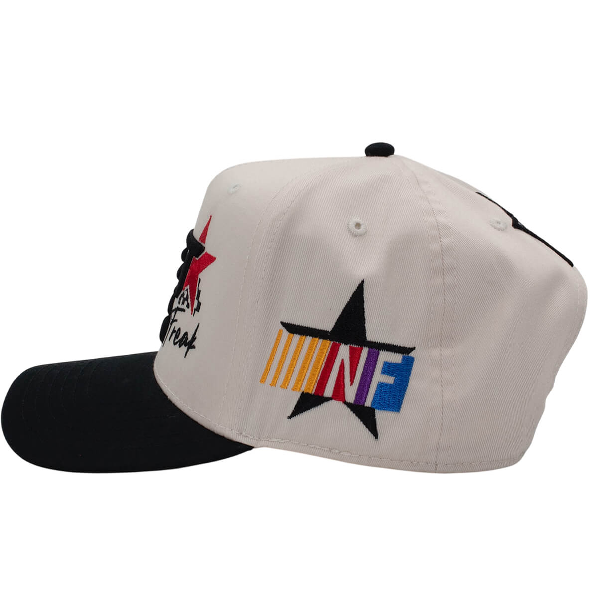 Beige and black cap with colorful star design on a white background