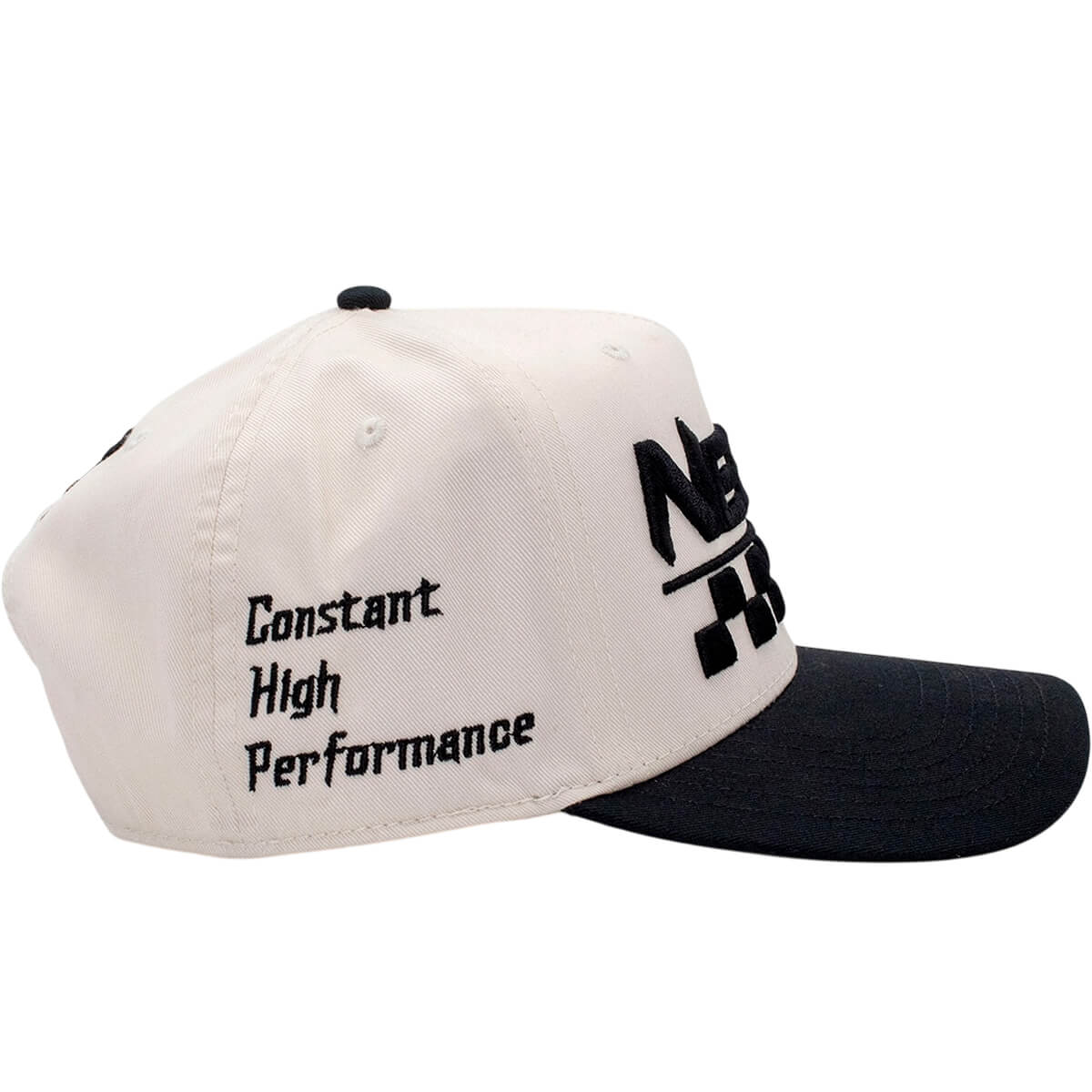 Two-tone cap with black and white design on a white background