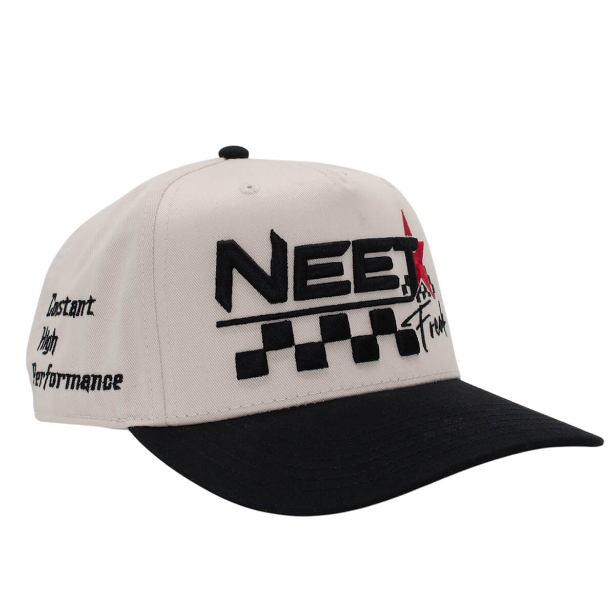Beige and black cap with 'NEET' branding on a white background