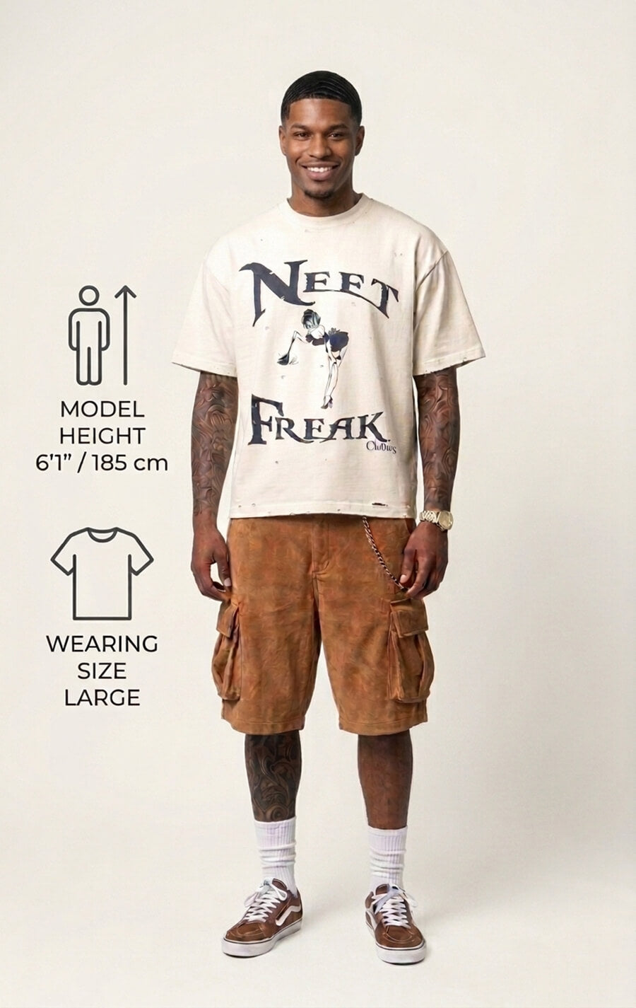 Man wearing a 'Neet Freak' t-shirt and brown cargo shorts on a white background