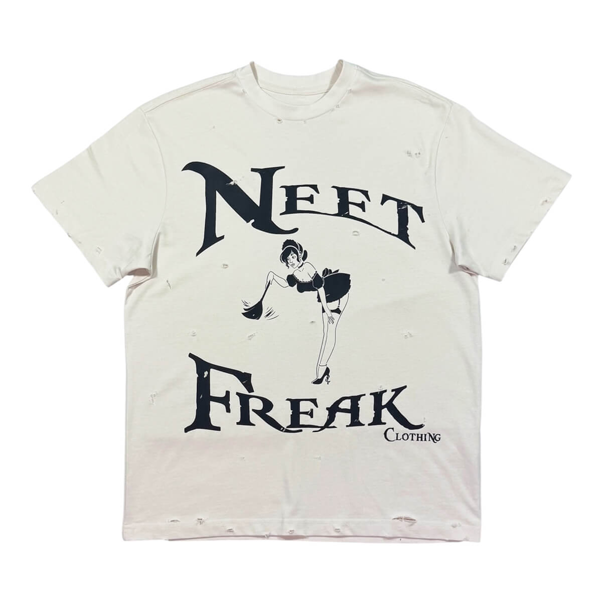 Vintage White Distressed Neet Freak Clothing T-shirt with oversized printed Maid image on the front