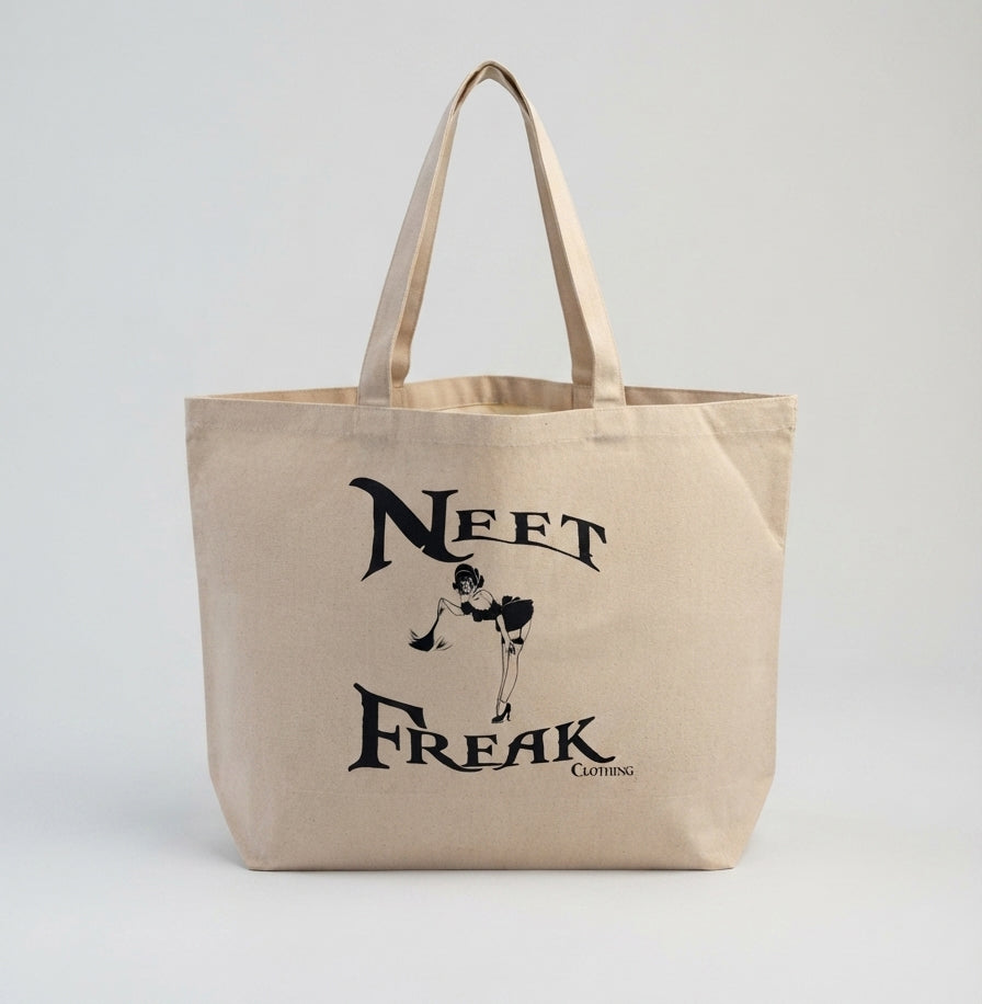 Neet Freak Clothing Neet Maid jumbo canvas tote bag, natural tan with black maid graphic print, standing on white background