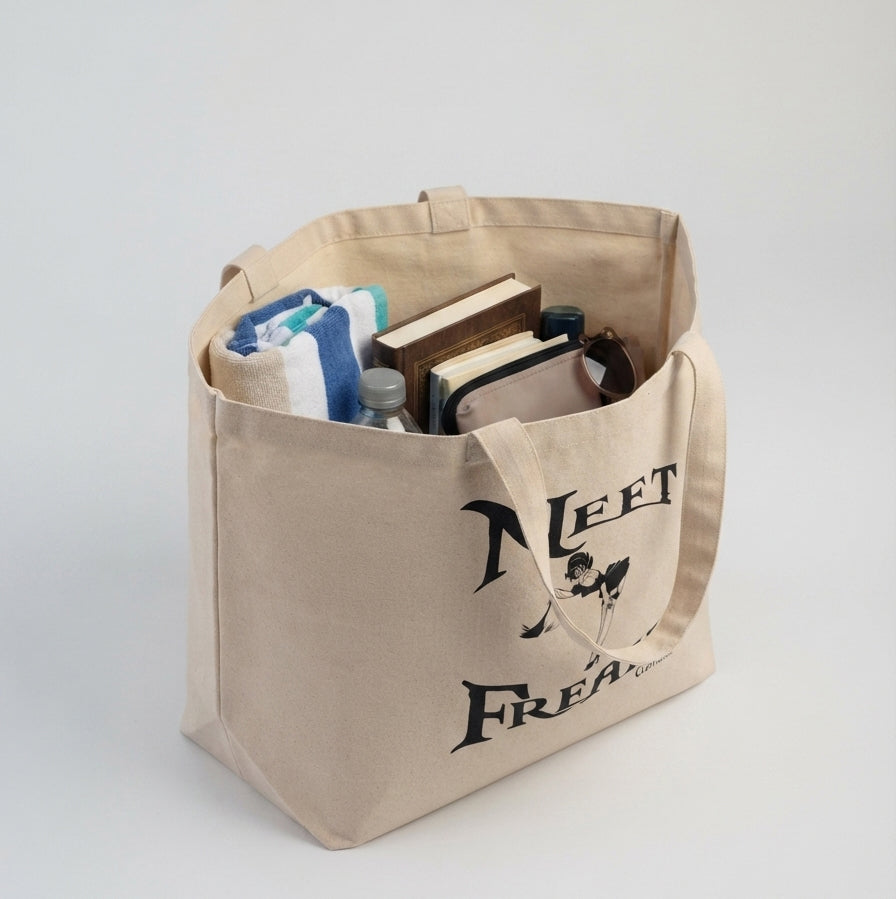 Neet Freak Clothing Neet Maid jumbo canvas tote bag, natural tan with black maid graphic print, standing on white background. This image is showing how full the bag can be.