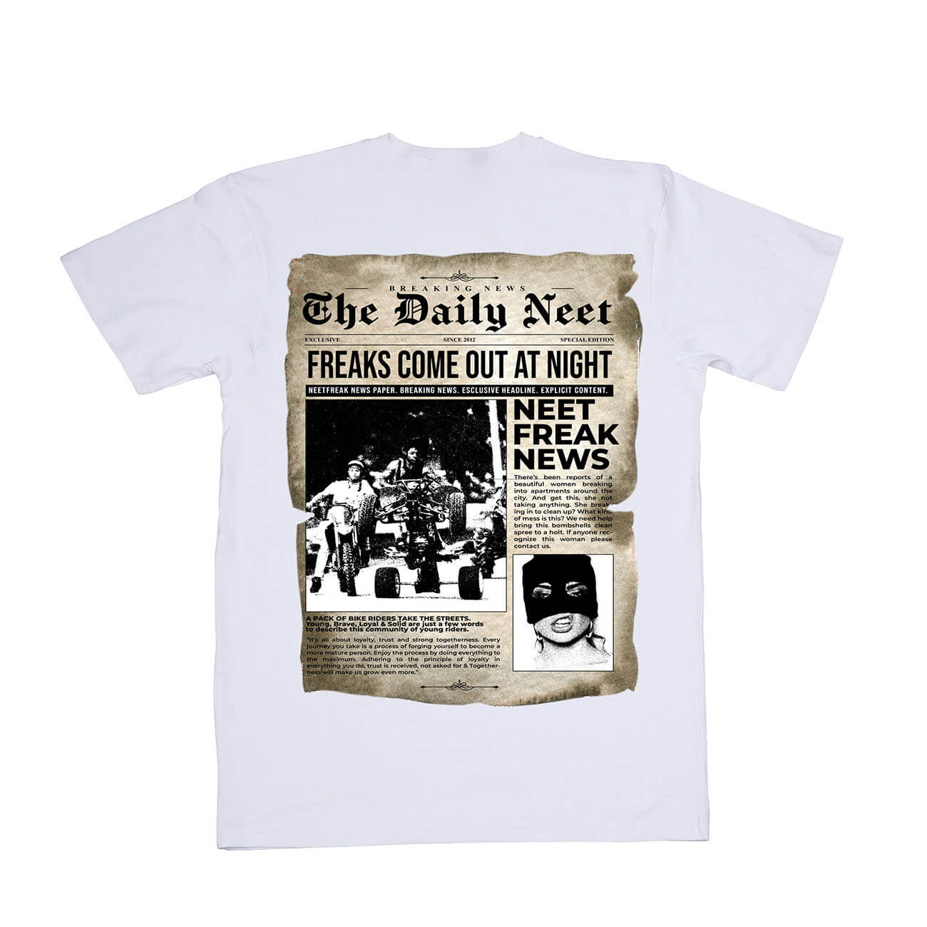 Back of a White cotton T-shirt featuring a stylized 'Breaking News' graphic.