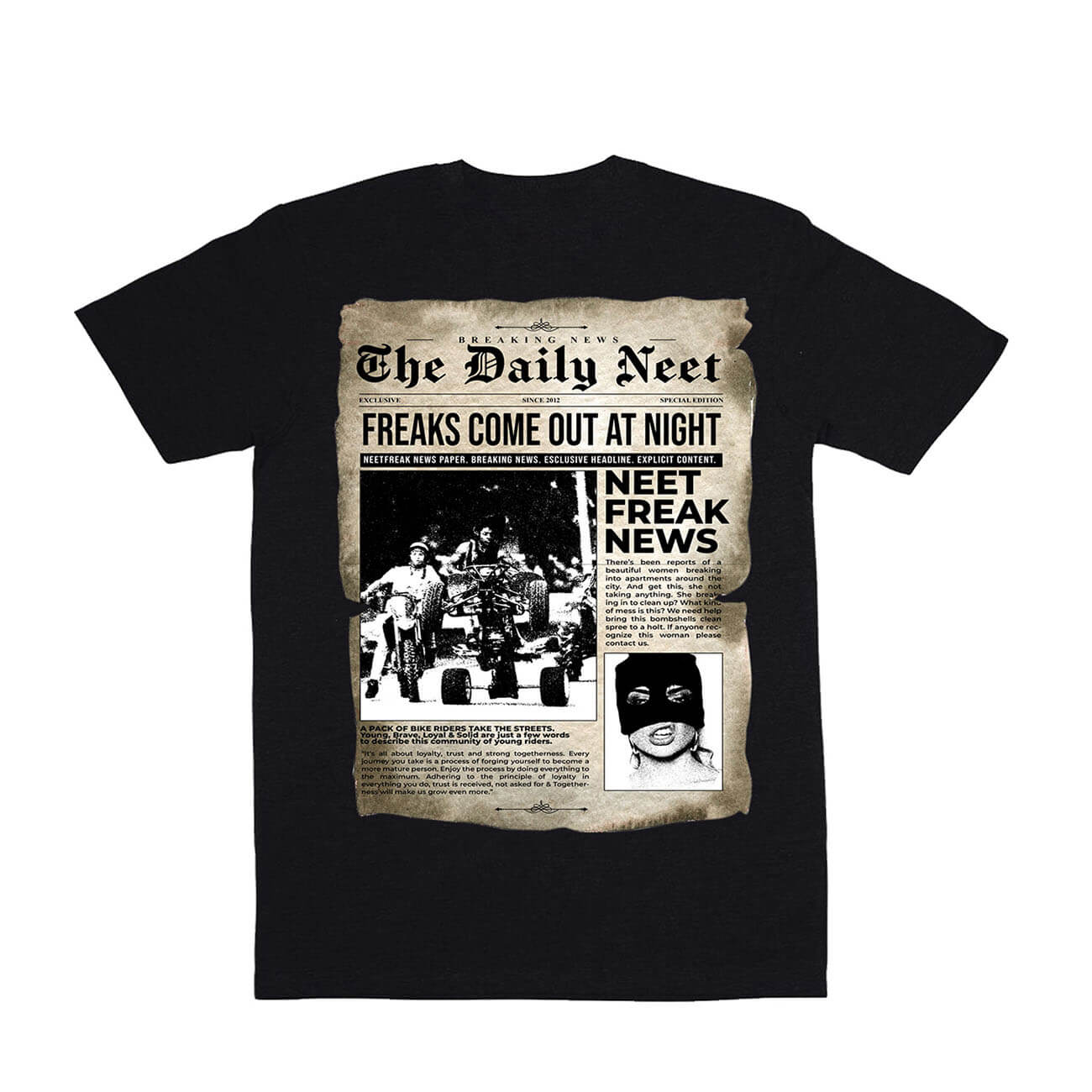 Back of a Black cotton T-shirt featuring a stylized 'Breaking News' graphic.