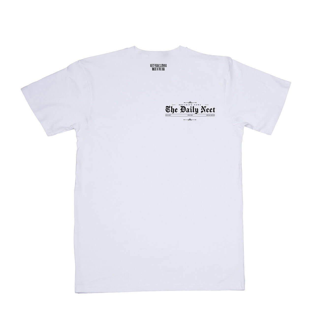 Front of a White cotton T-shirt featuring a stylized 'Breaking News' graphic.