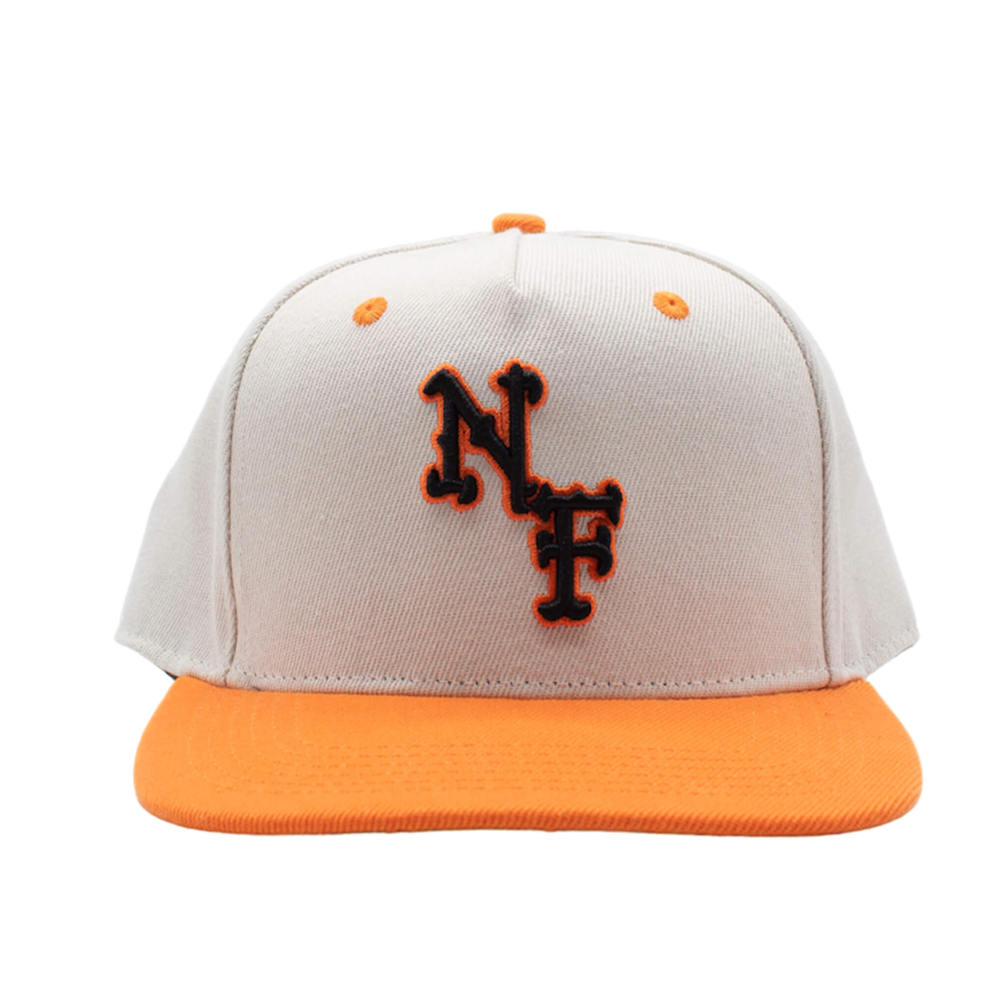 Front of Orange premium high-profile hat with 3D embroidery, a green under-brim, a navy blue satin lining for hair protection, and an adjustable leather strap.
