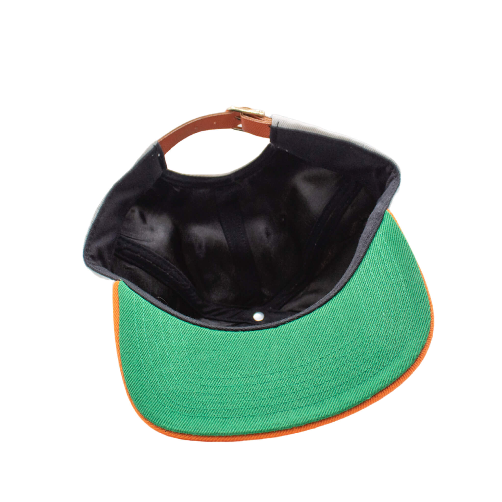 Inside view Orange premium high-profile hat with 3D embroidery, a green under-brim, a navy blue satin lining for hair protection, and an adjustable leather strap.
