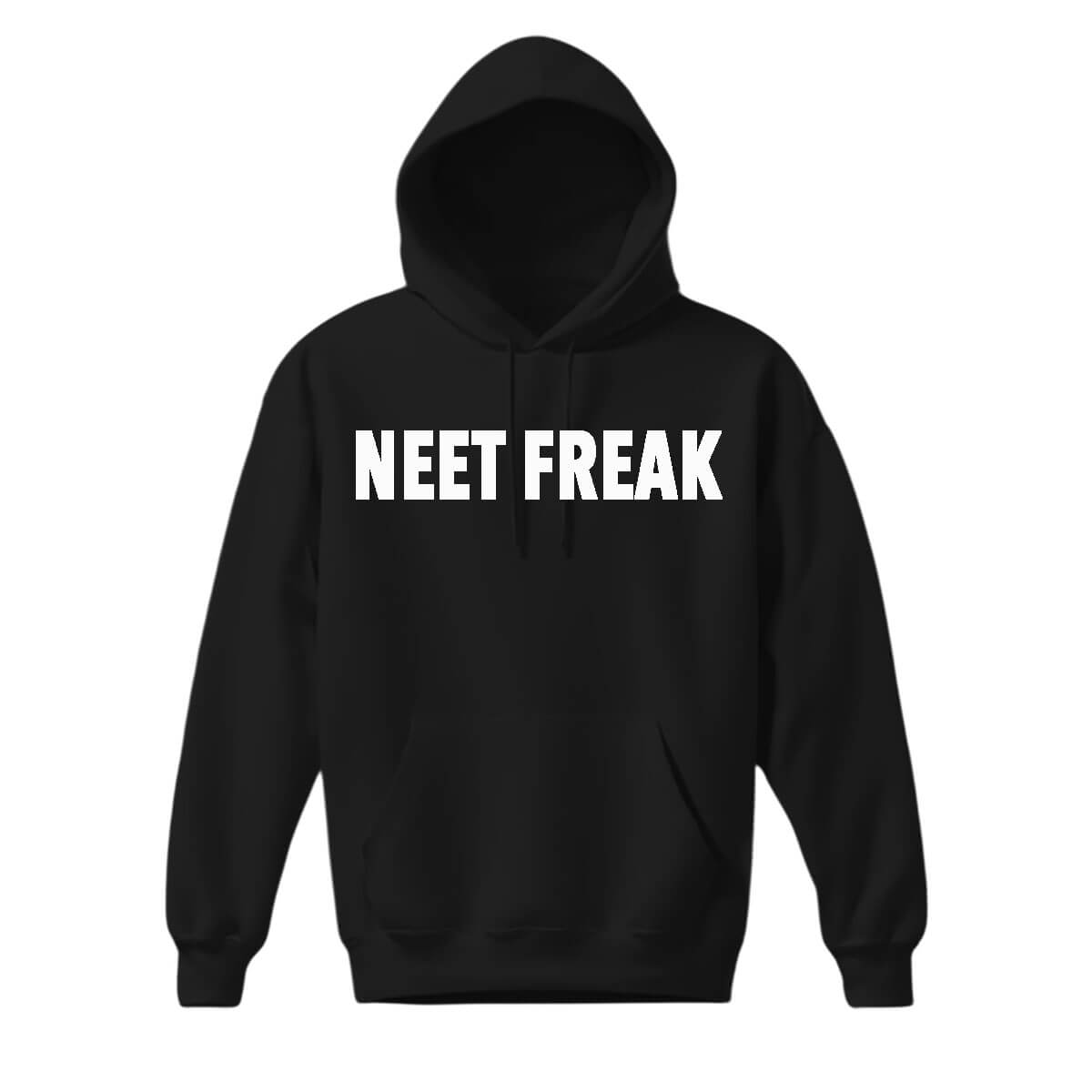 Black Mens Hoodie with Neet Freak across the chest in white