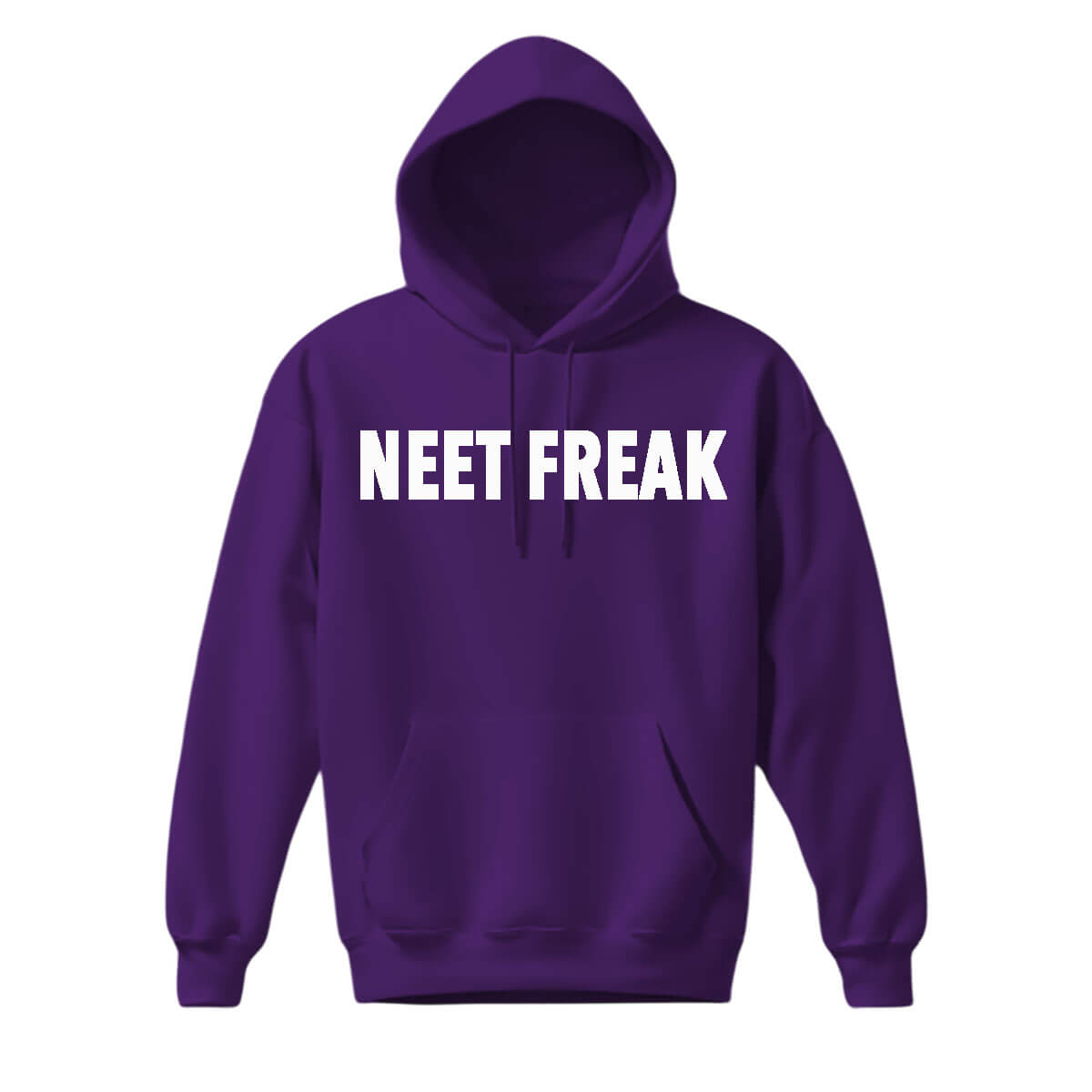 Purple Men's Hoodie with front pocket and drawstring. Neet Freak across the chest in white
