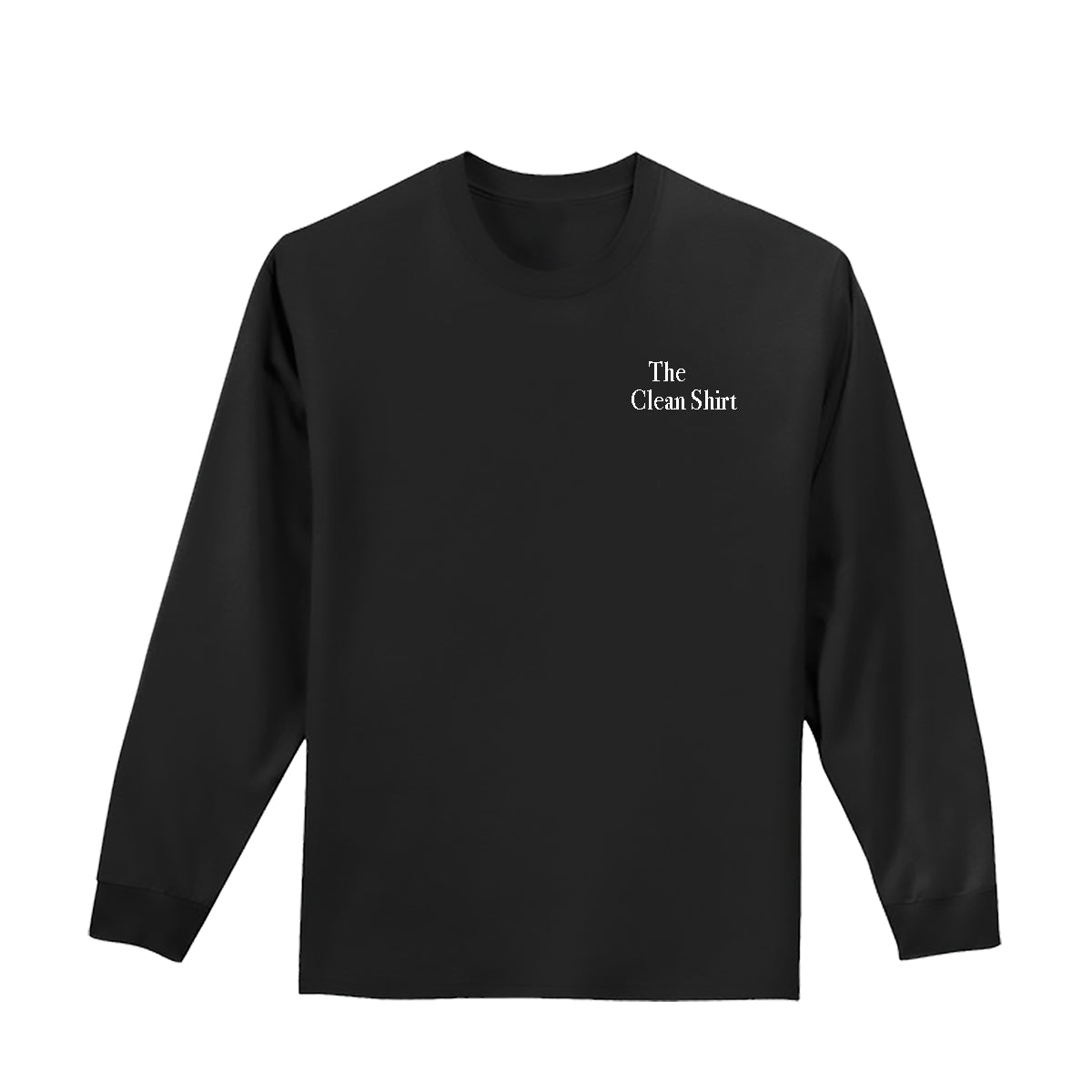 Close-up of black premium cotton Long Sleeve T-shirt showing subtle "The Clean Shirt" white text on chest.