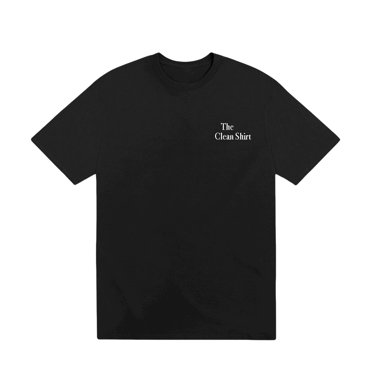 Close-up of black premium cotton T-shirt showing subtle "The Clean Shirt" white text on chest.