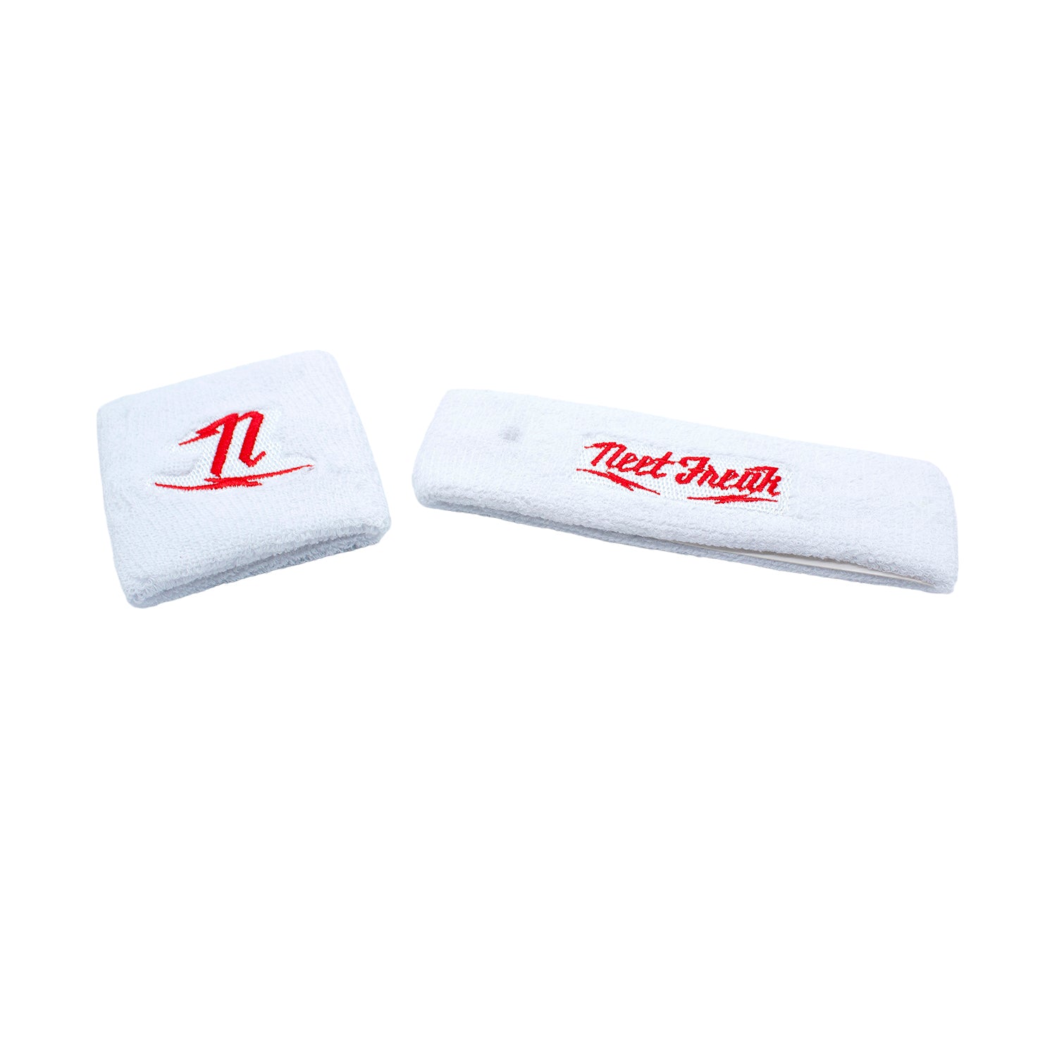White/red Head & Wrist Sweatbands. with the Neet Freak Electric logo