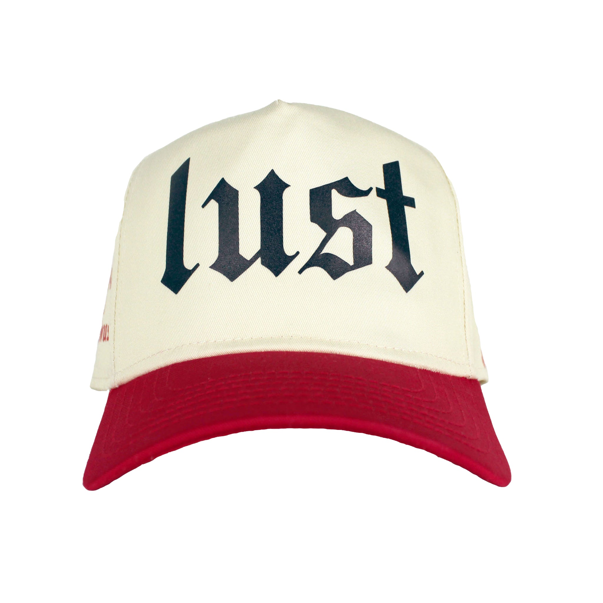 Front view of the Premium 5-panel snapback trucker hat in red and natural colors with the Black embroidered 'LUST' acronym on the front.