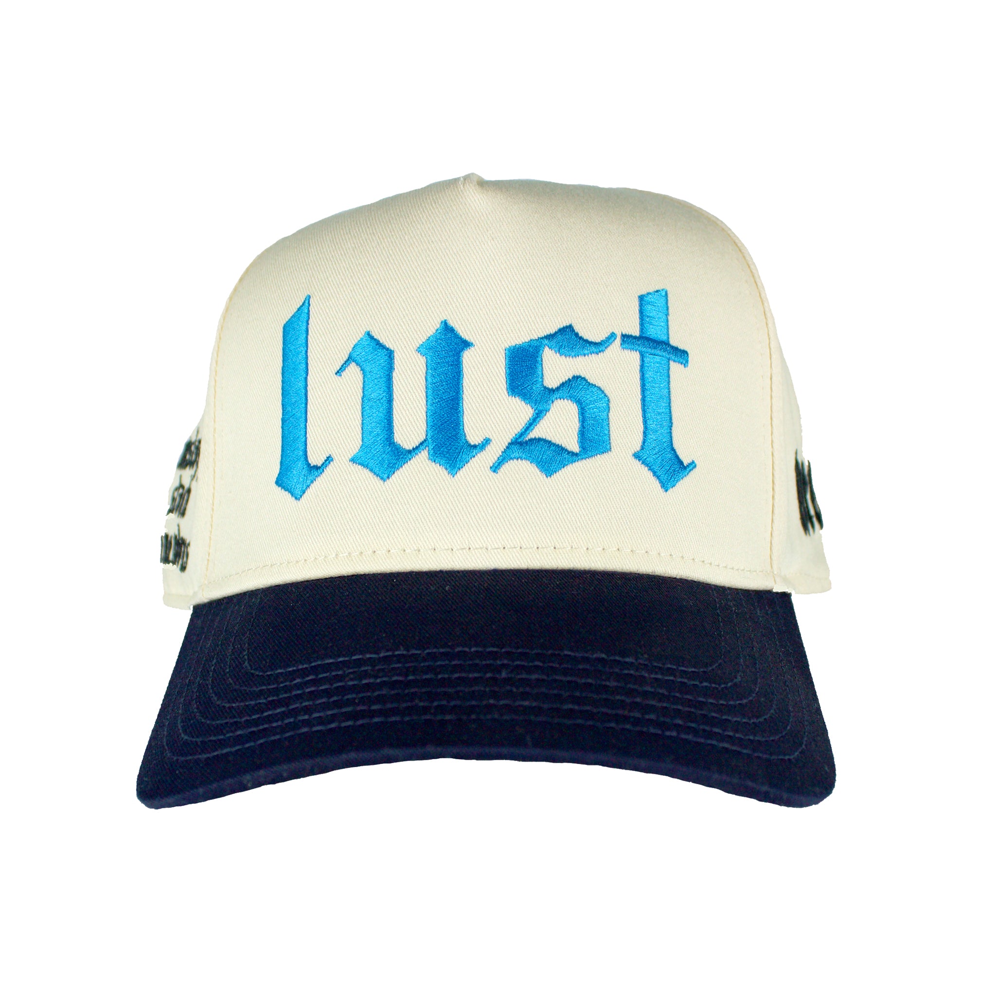 Front Premium blue and natural (beige) trucker hat with Blue embroidered 'LUST' logo, meaning Live Unstoppable, Stack Tremendous.