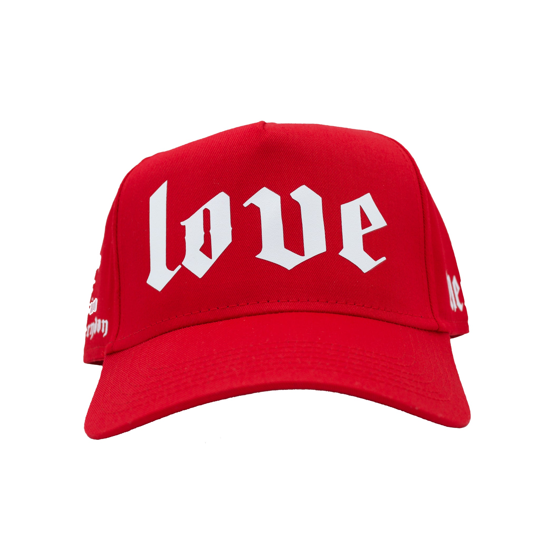 Red trucker hat with 'LOVE' on the front in white