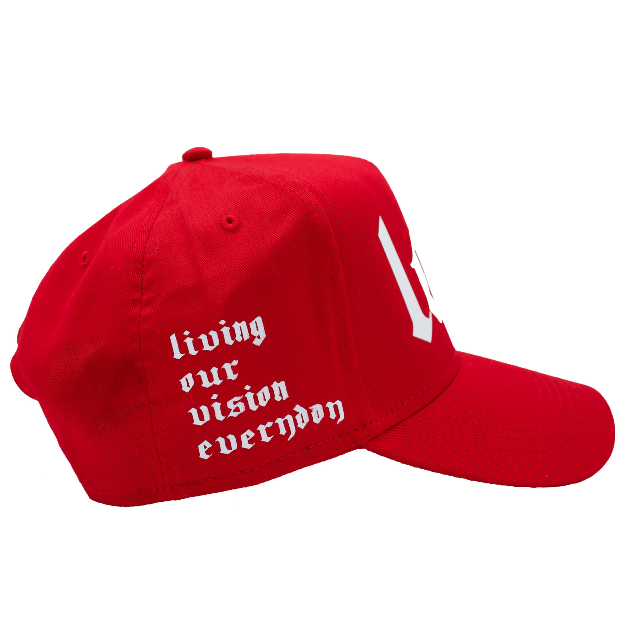Red trucker hat with 'LOVE' on the front in white