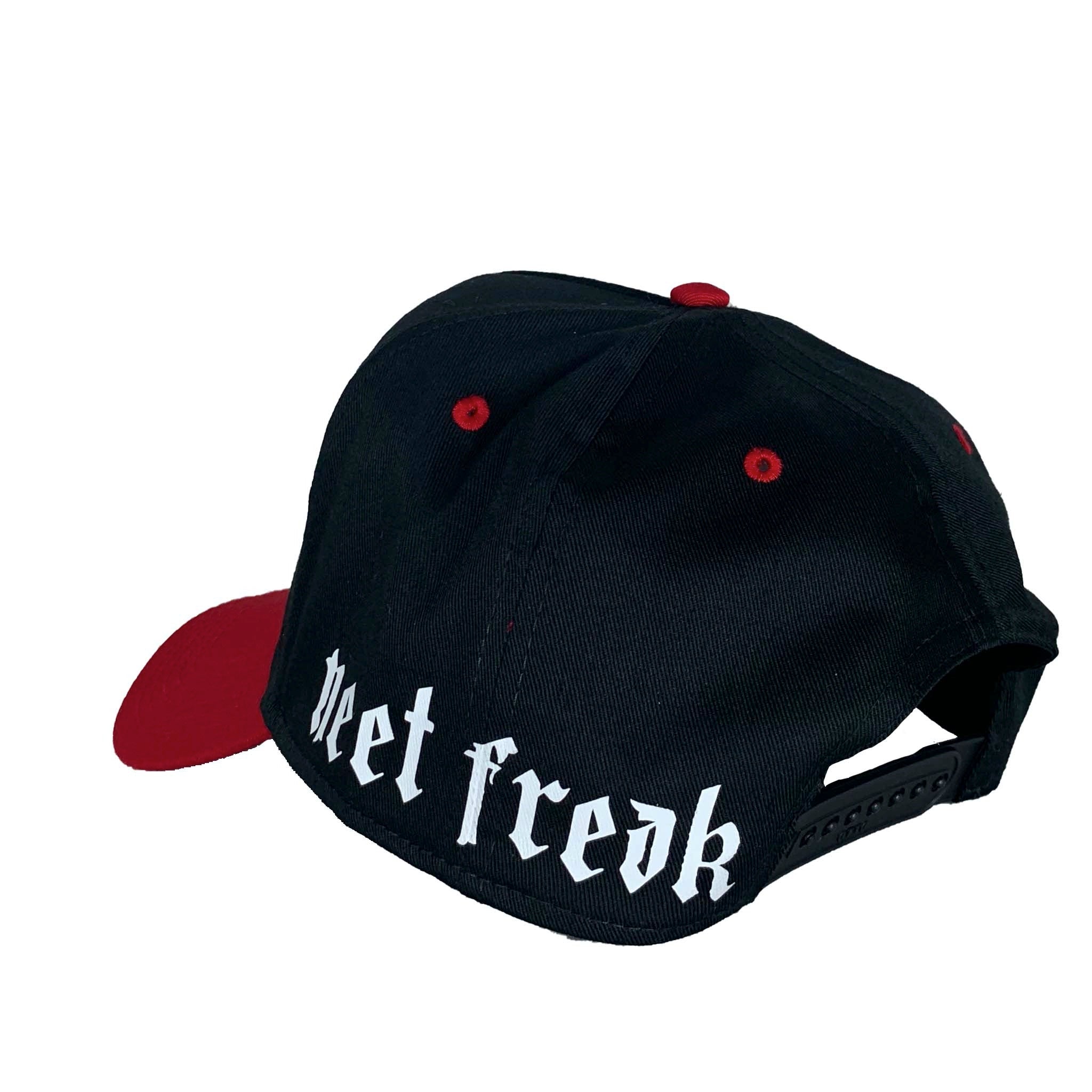 Left side of Premium 5-panel baseball-style snapback cap in Black and Red with the White Neet Freak Logo on the left side.