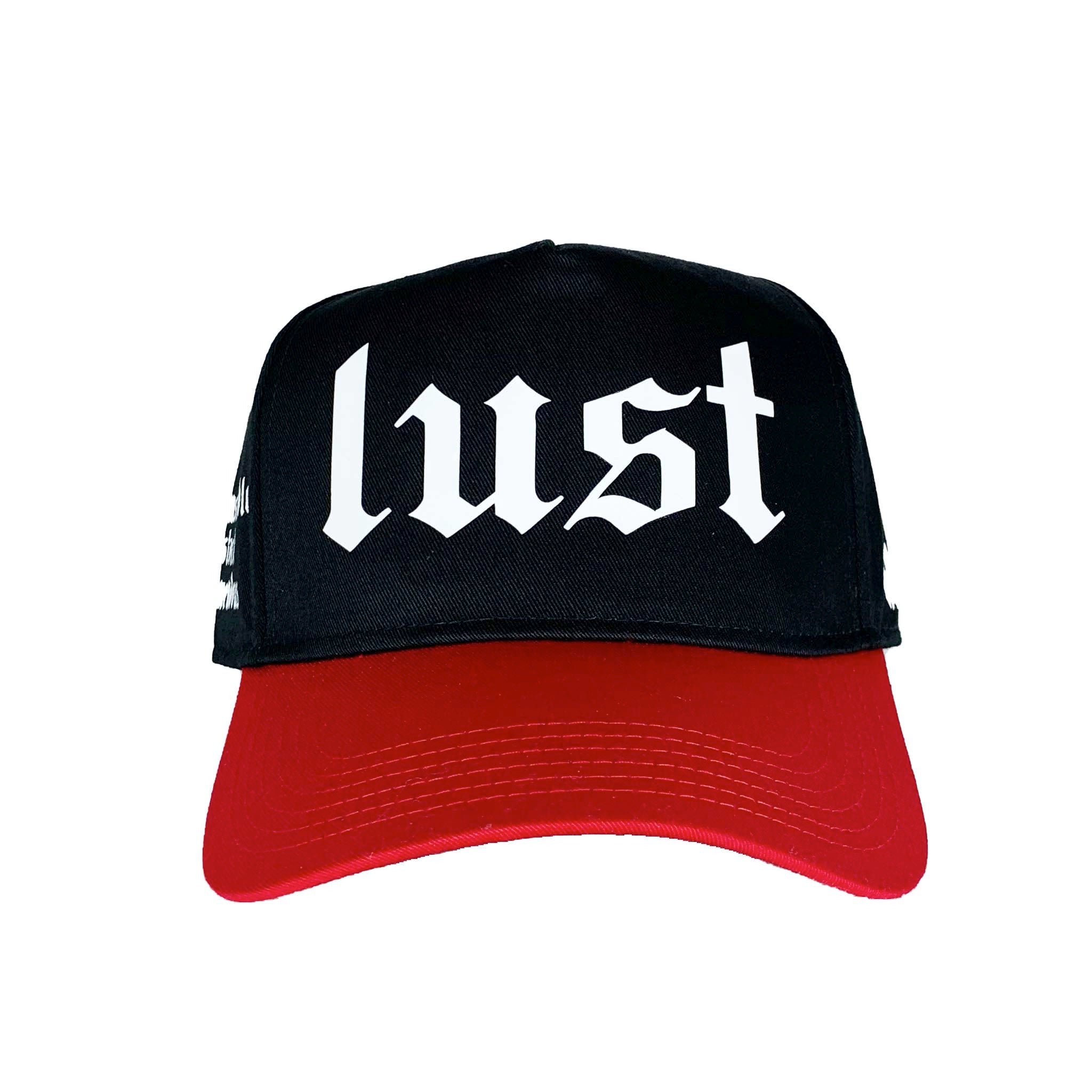 Front of Premium 5-panel baseball-style snapback cap in Black and Red with the White 'LUST' acronym on the front.