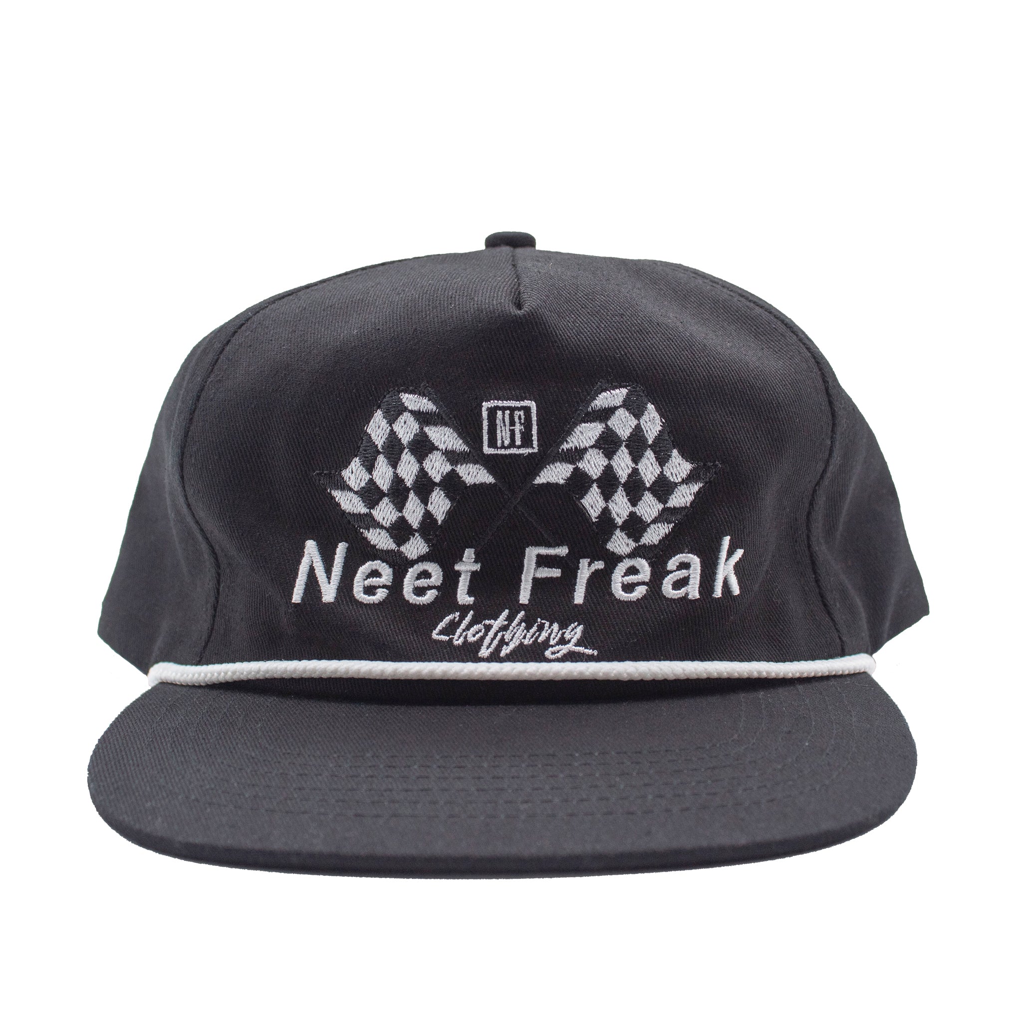 Black unstructured snapback hat featuring a white embroidered checkered flag design and the Neet Freak logo.