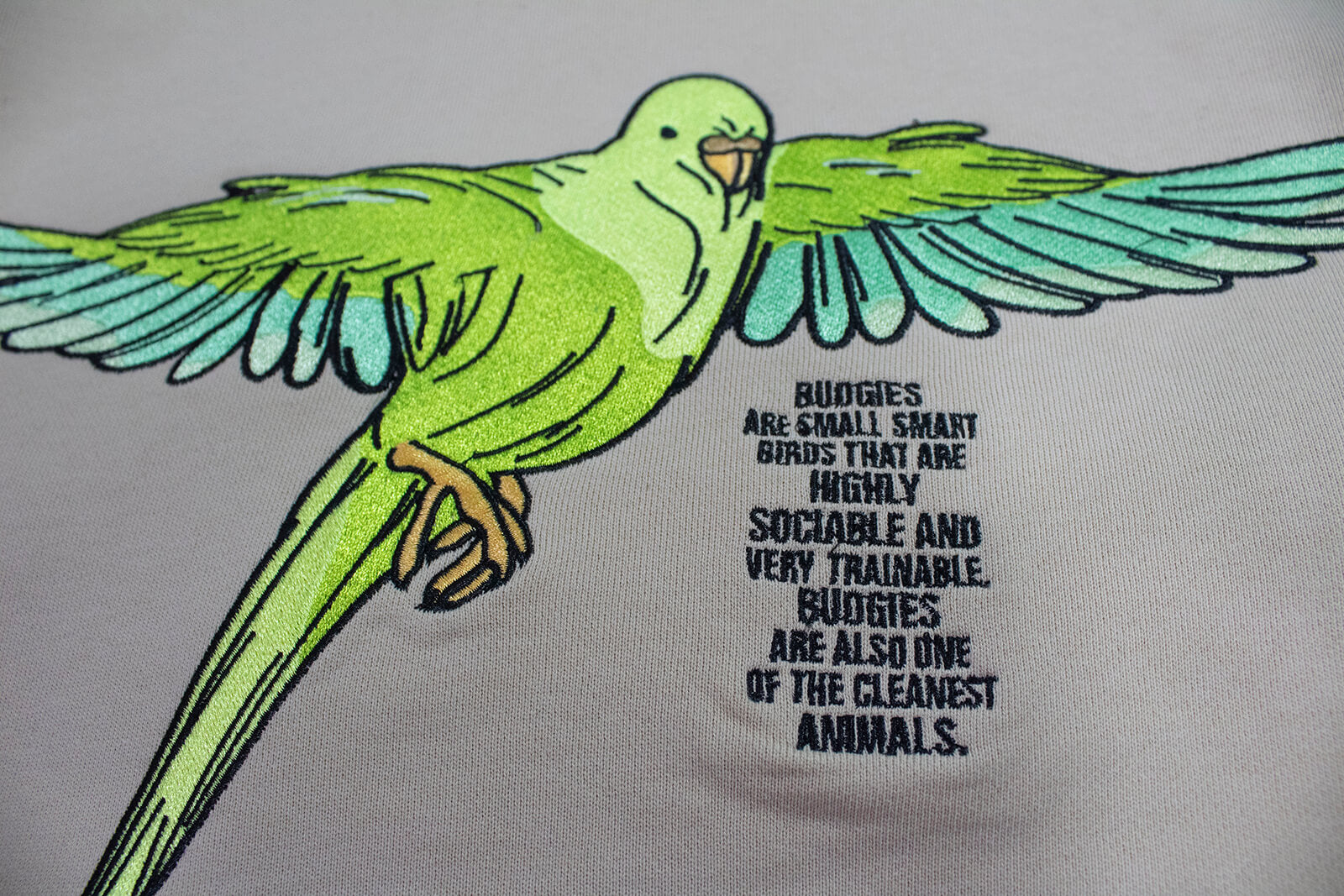 embroidered image of budgie on back of hoodie 