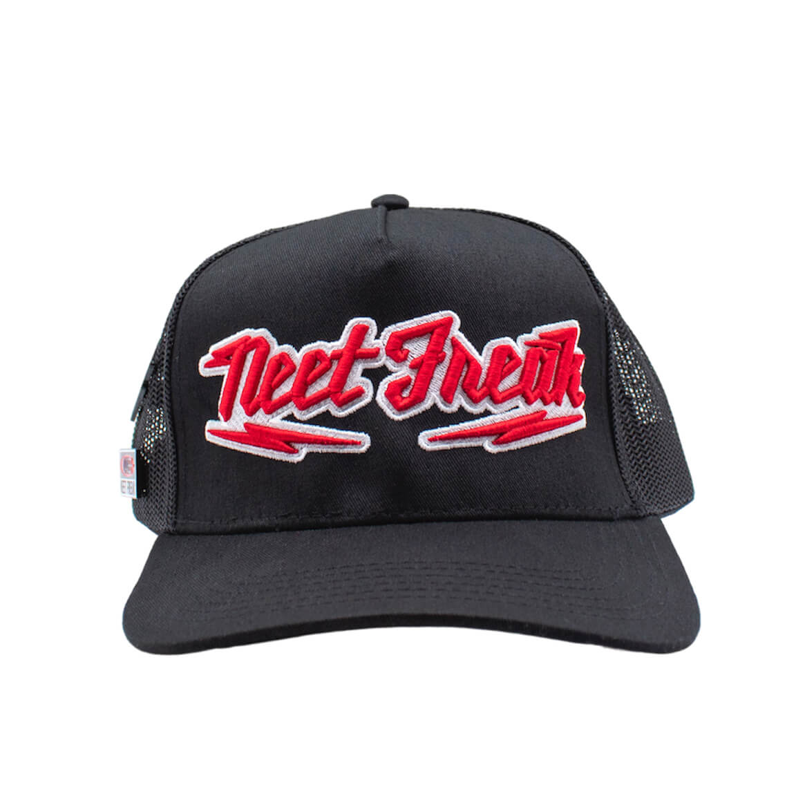 Front of Black premium 5-panel trucker hat featuring a bold Danger sign and two branded Neet Freak enamel pins.