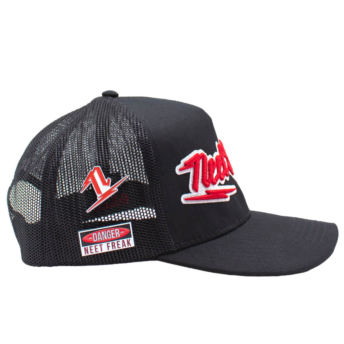 Right side of Black premium 5-panel trucker hat featuring a bold Danger sign and two branded Neet Freak enamel pins.