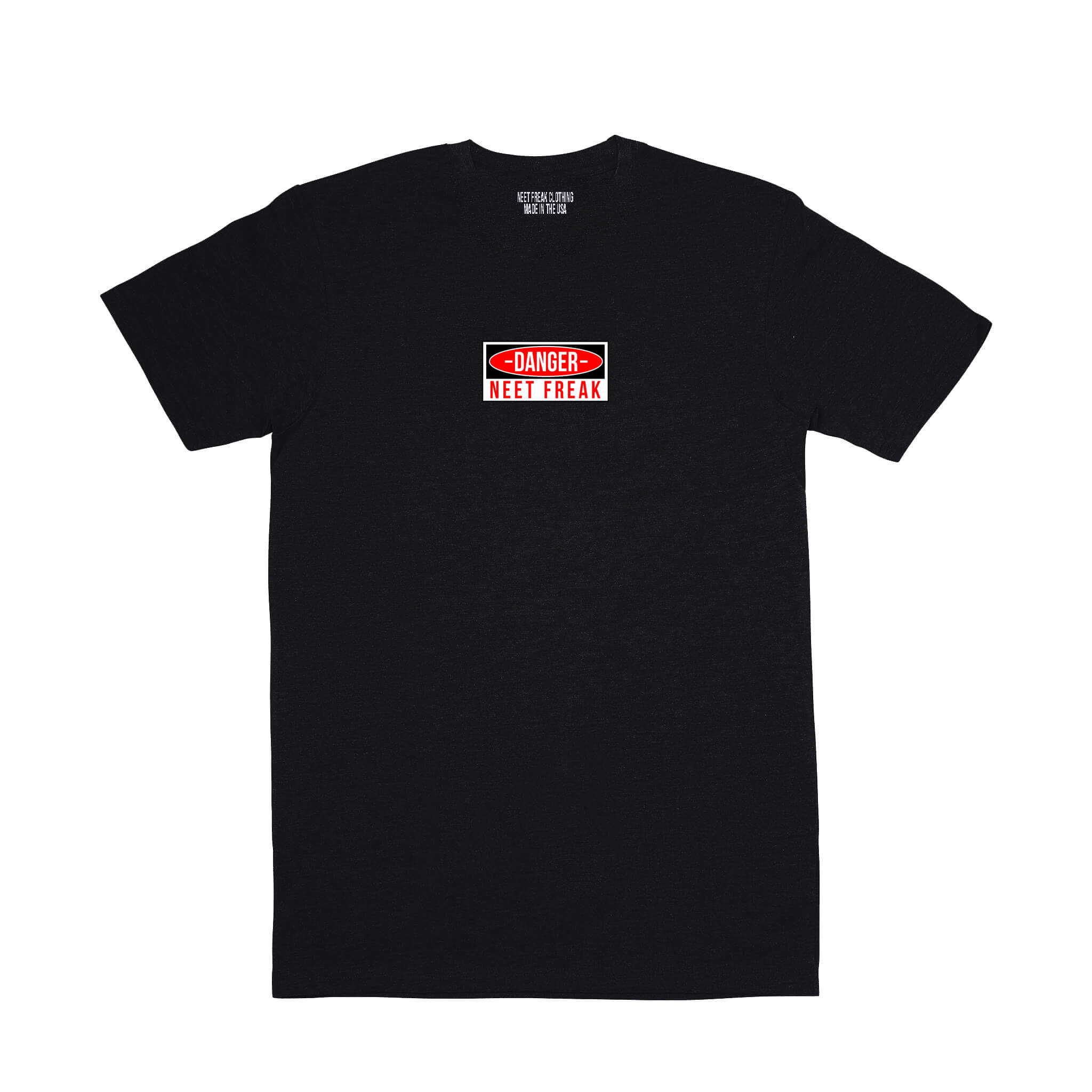 Black premium T-shirt with the word "DANGER" printed boldly on the chest (front view), and a large, full-color graphic image of a beautiful woman on the back (back view).