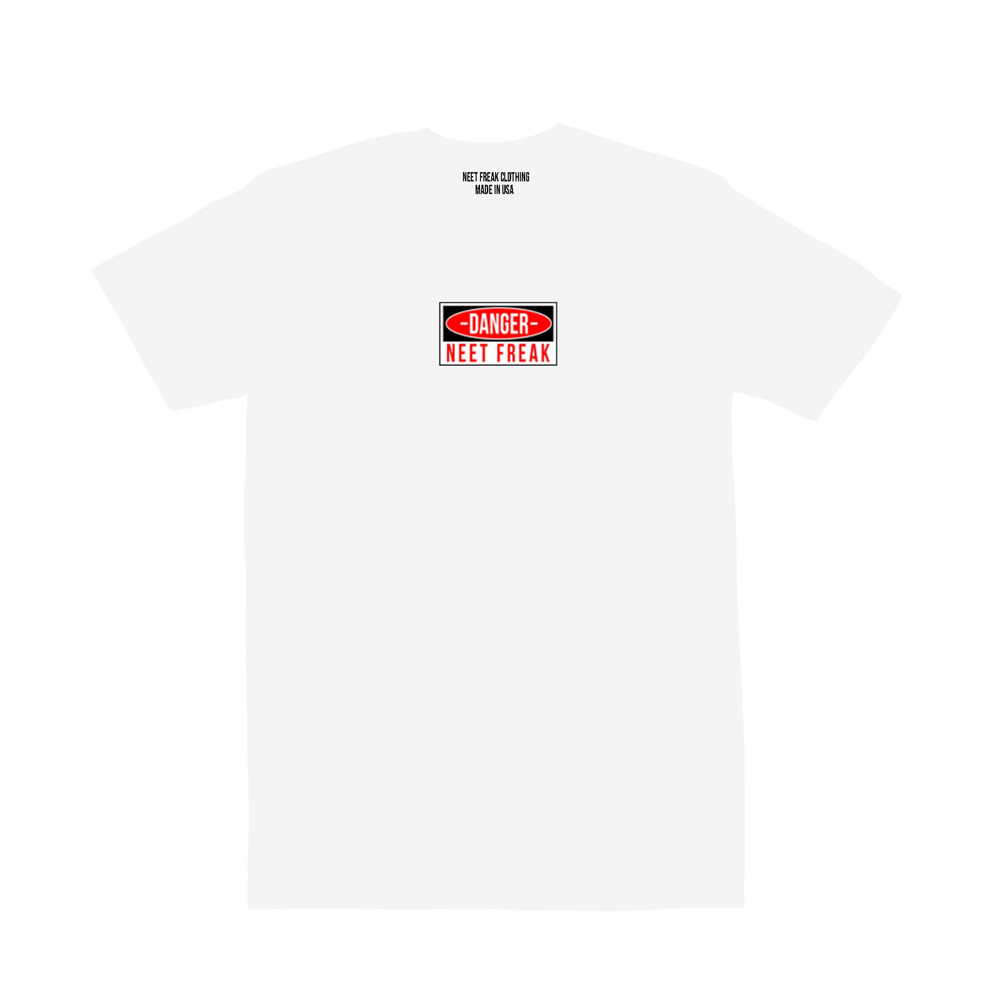 White premium T-shirt with the word "DANGER" printed boldly on the chest (front view), and a large, full-color graphic image of a beautiful woman on the back (back view).