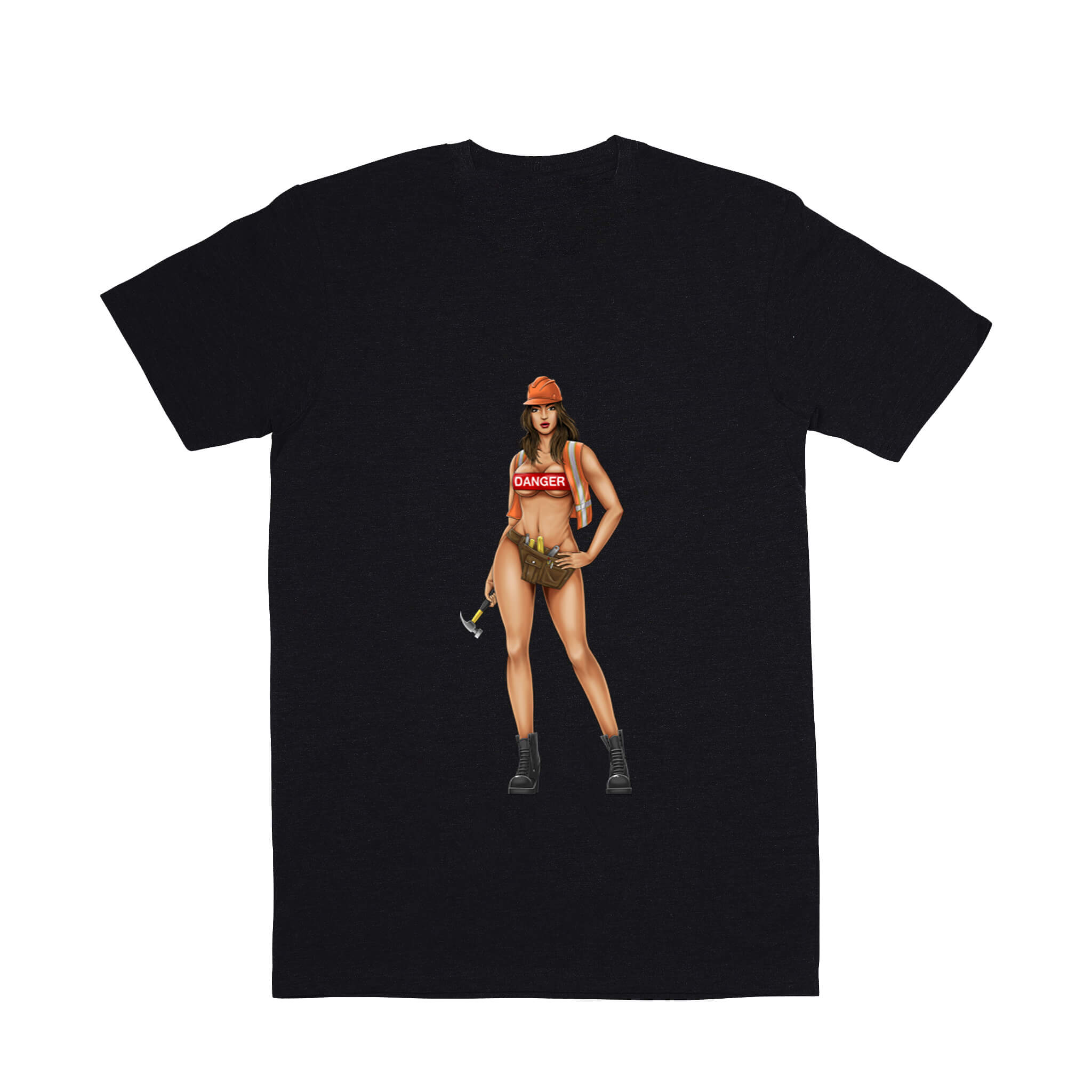 Black premium T-shirt with the word "DANGER" printed boldly on the chest (front view), and a large, full-color graphic image of a beautiful woman on the back (back view).