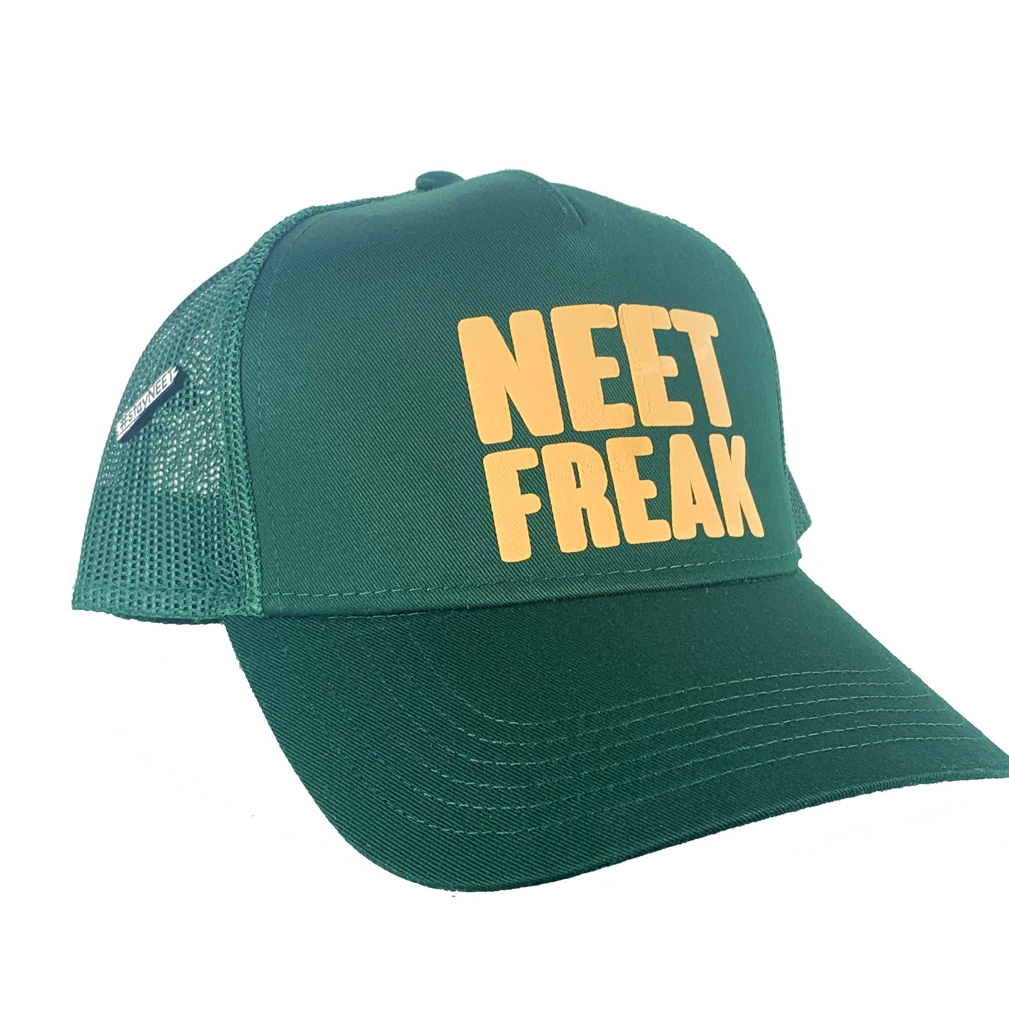 Dark Green/Tan mesh trucker hat. 